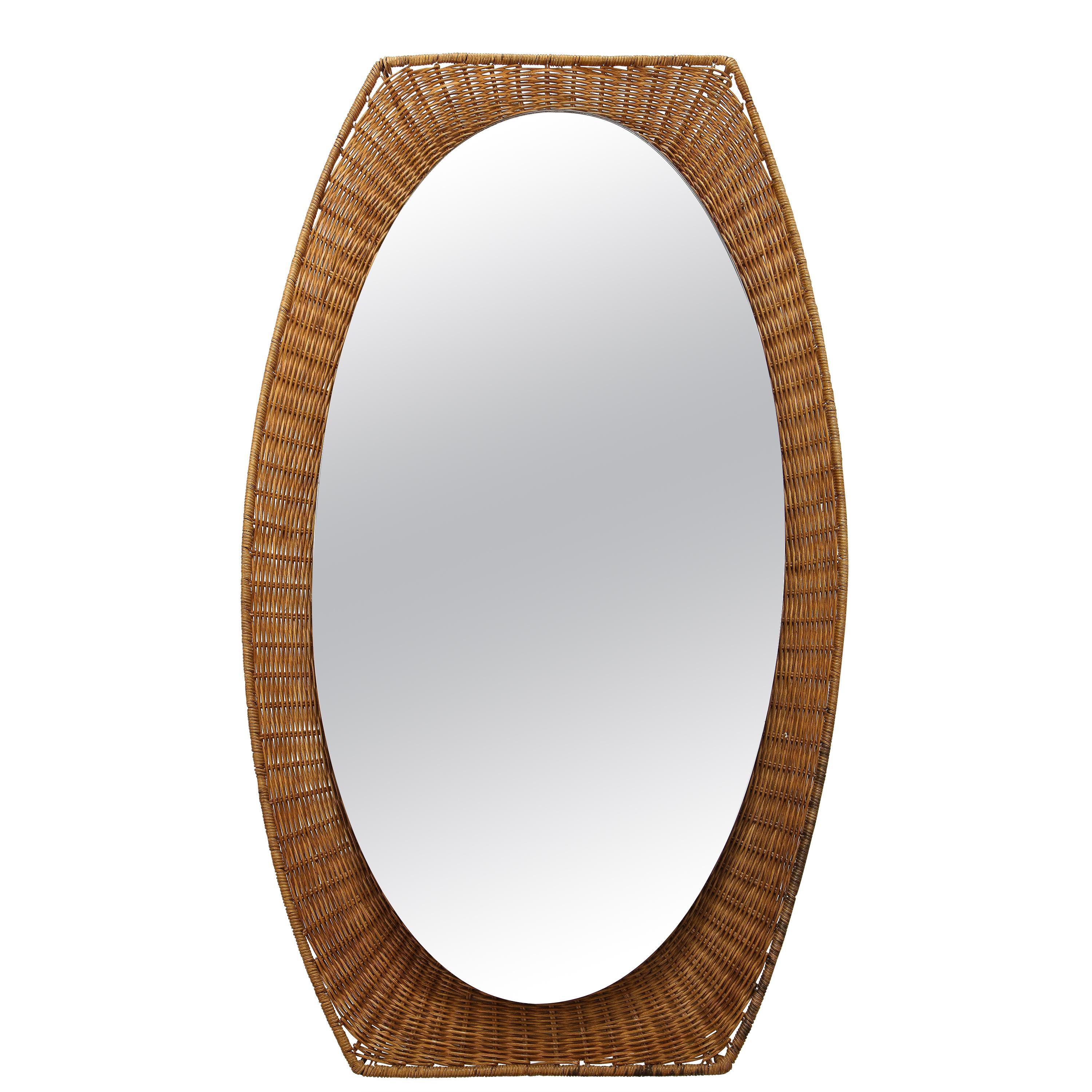 Italian 1950s Wicker Oval Shaped Mirror