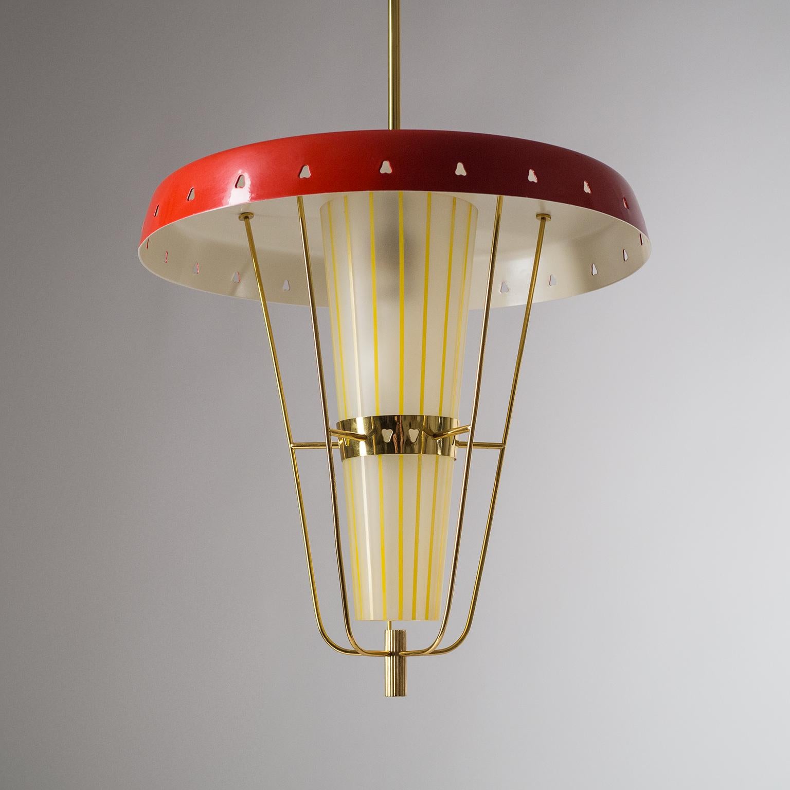 Italian 1950s Red Lantern, Brass and Striped Glass 7