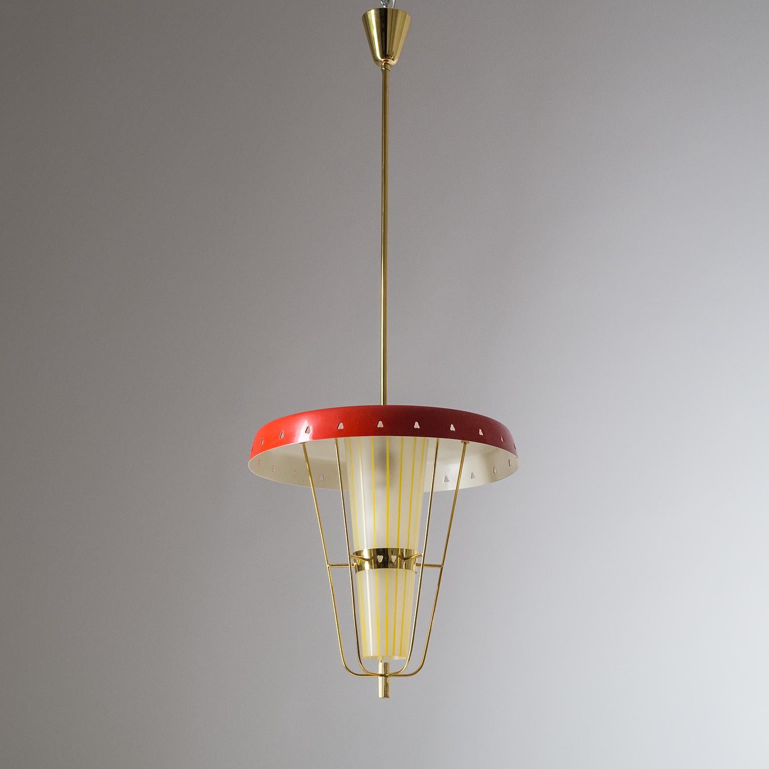 Italian 1950s Red Lantern, Brass and Striped Glass 8