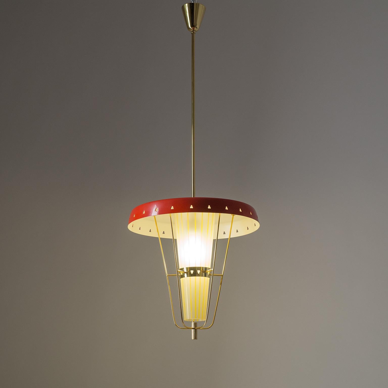 Italian 1950s Red Lantern, Brass and Striped Glass 9