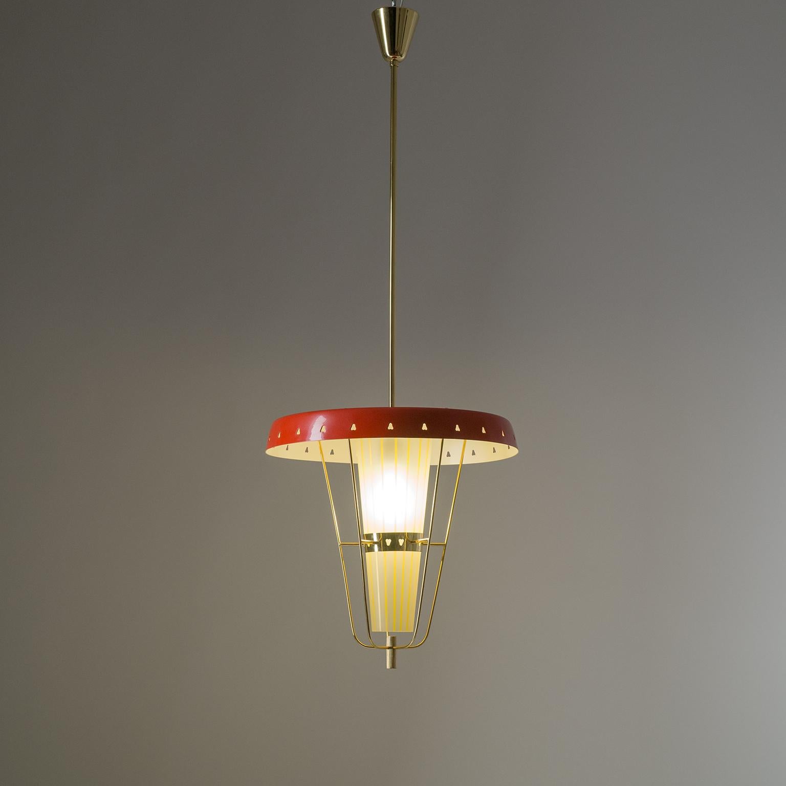 Mid-Century Modern Italian 1950s Red Lantern, Brass and Striped Glass
