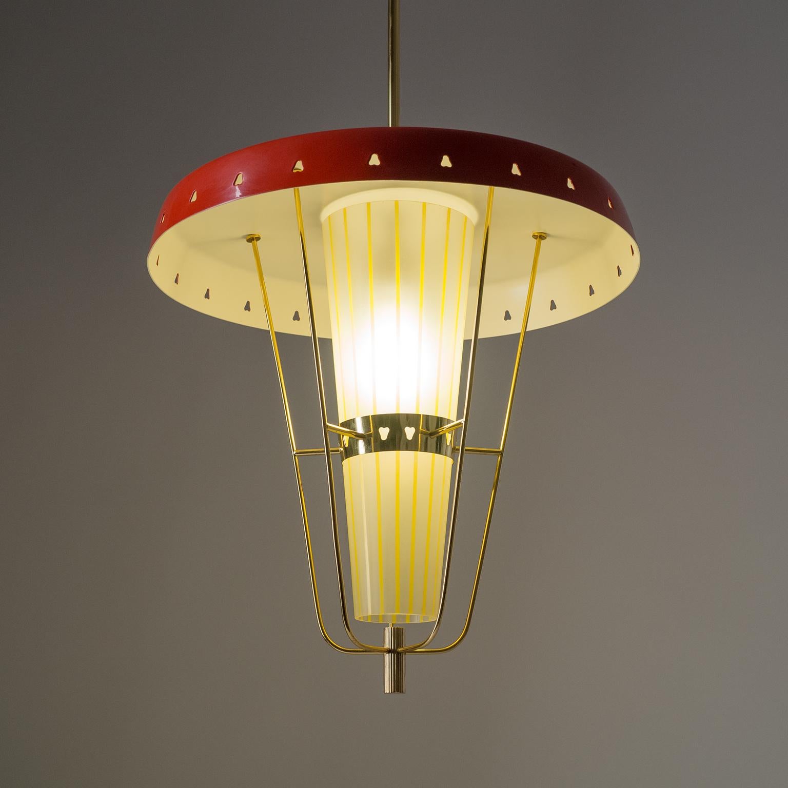 Enameled Italian 1950s Red Lantern, Brass and Striped Glass