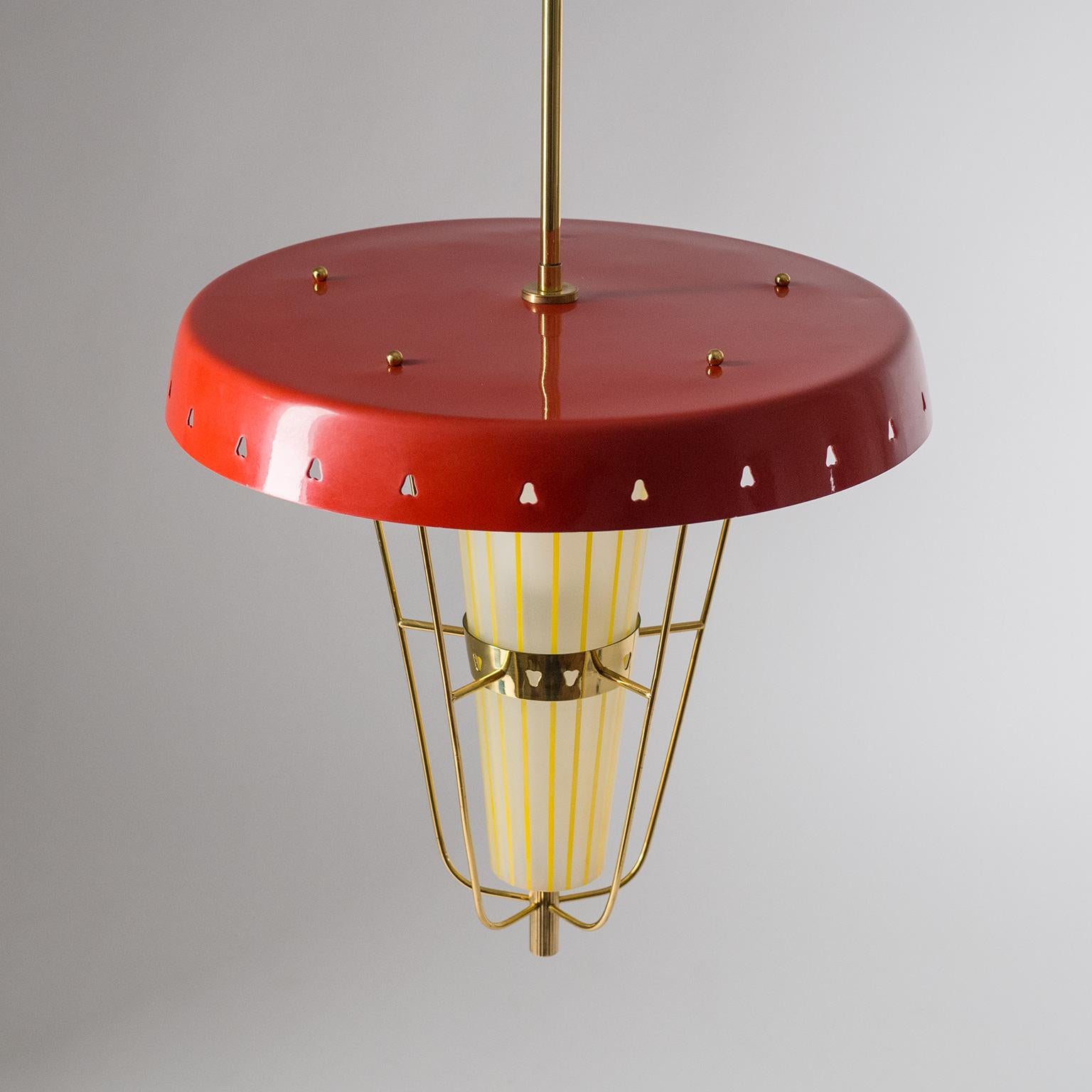 Italian 1950s Red Lantern, Brass and Striped Glass 1