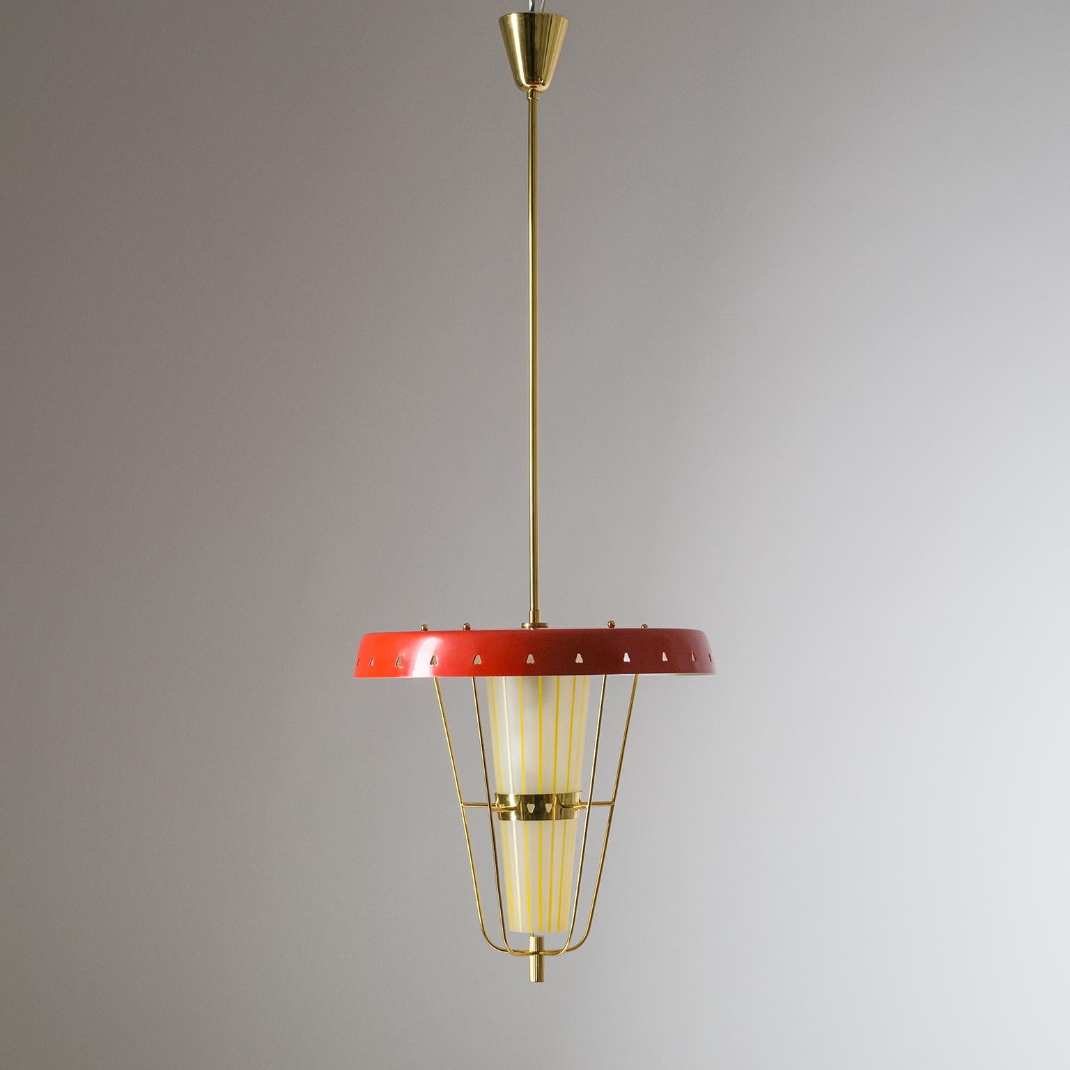 Italian 1950s Red Lantern, Brass and Striped Glass 2