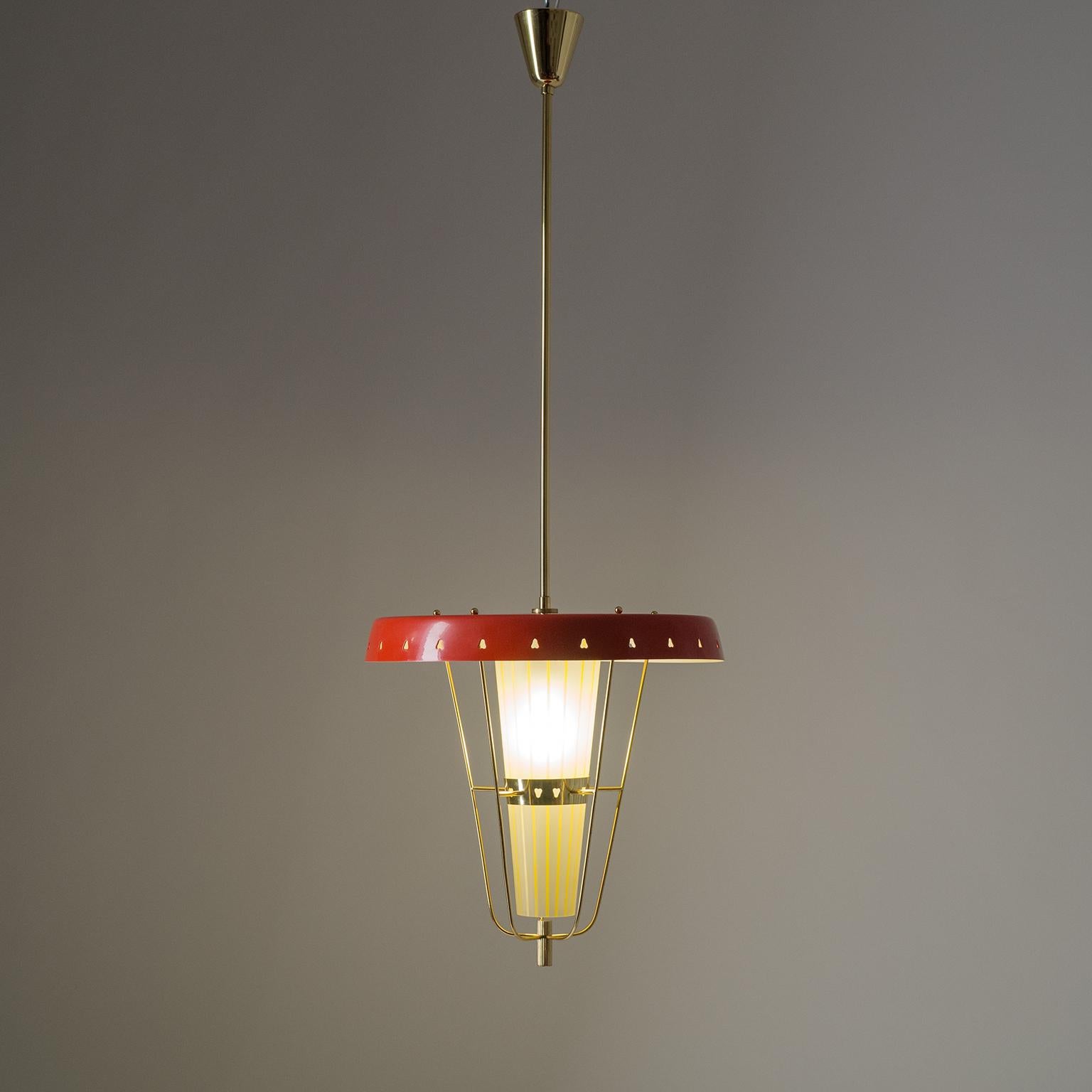 Italian 1950s Red Lantern, Brass and Striped Glass 3