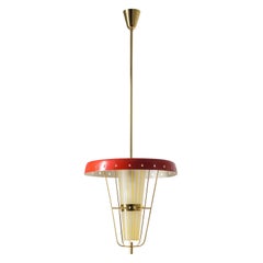 Italian 1950s Red Lantern, Brass and Striped Glass