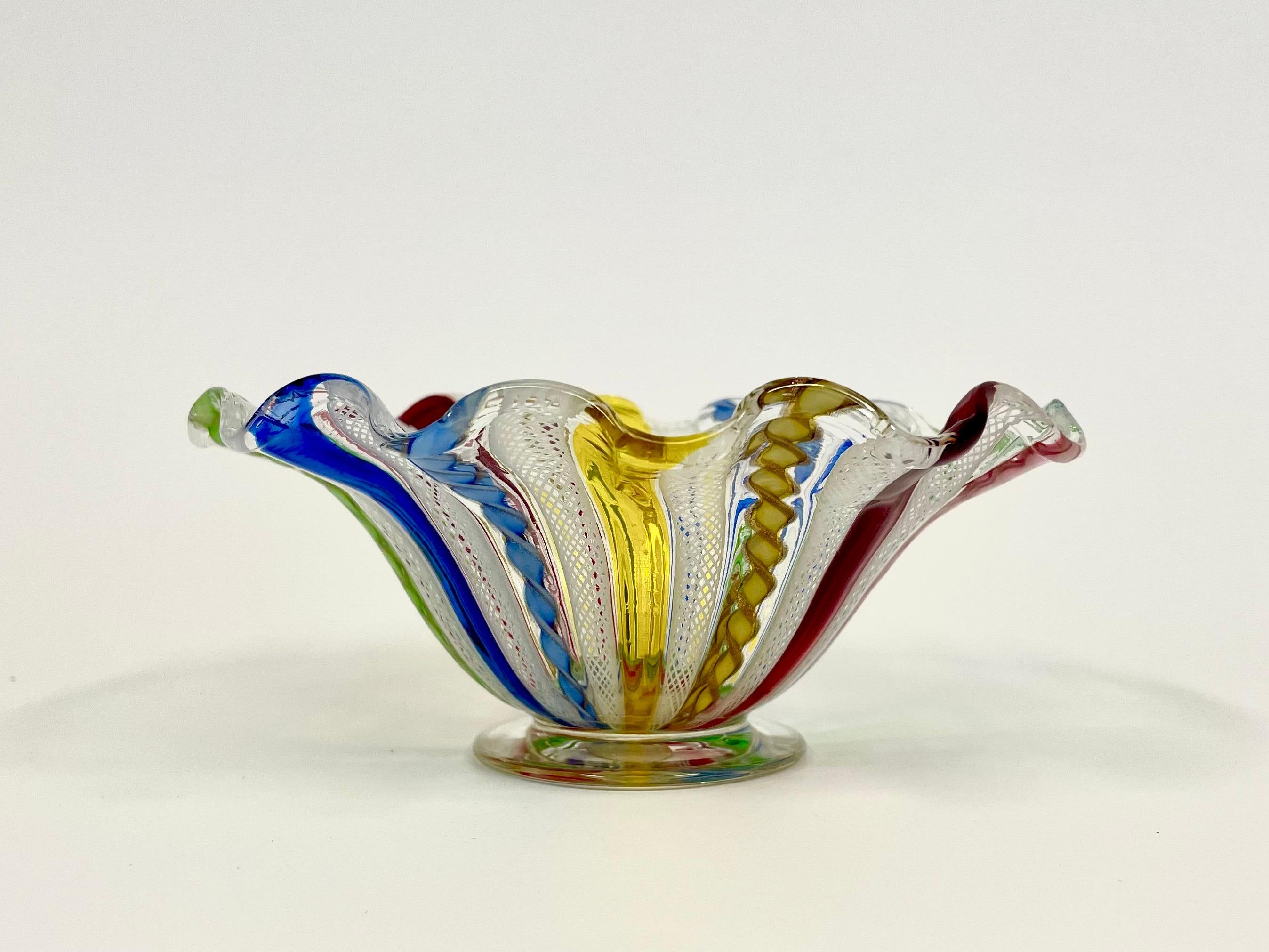 Mid-Century Modern Italian 1950s Salviati Murano Footed Glass Bowl with Rainbow Colored Decor For Sale