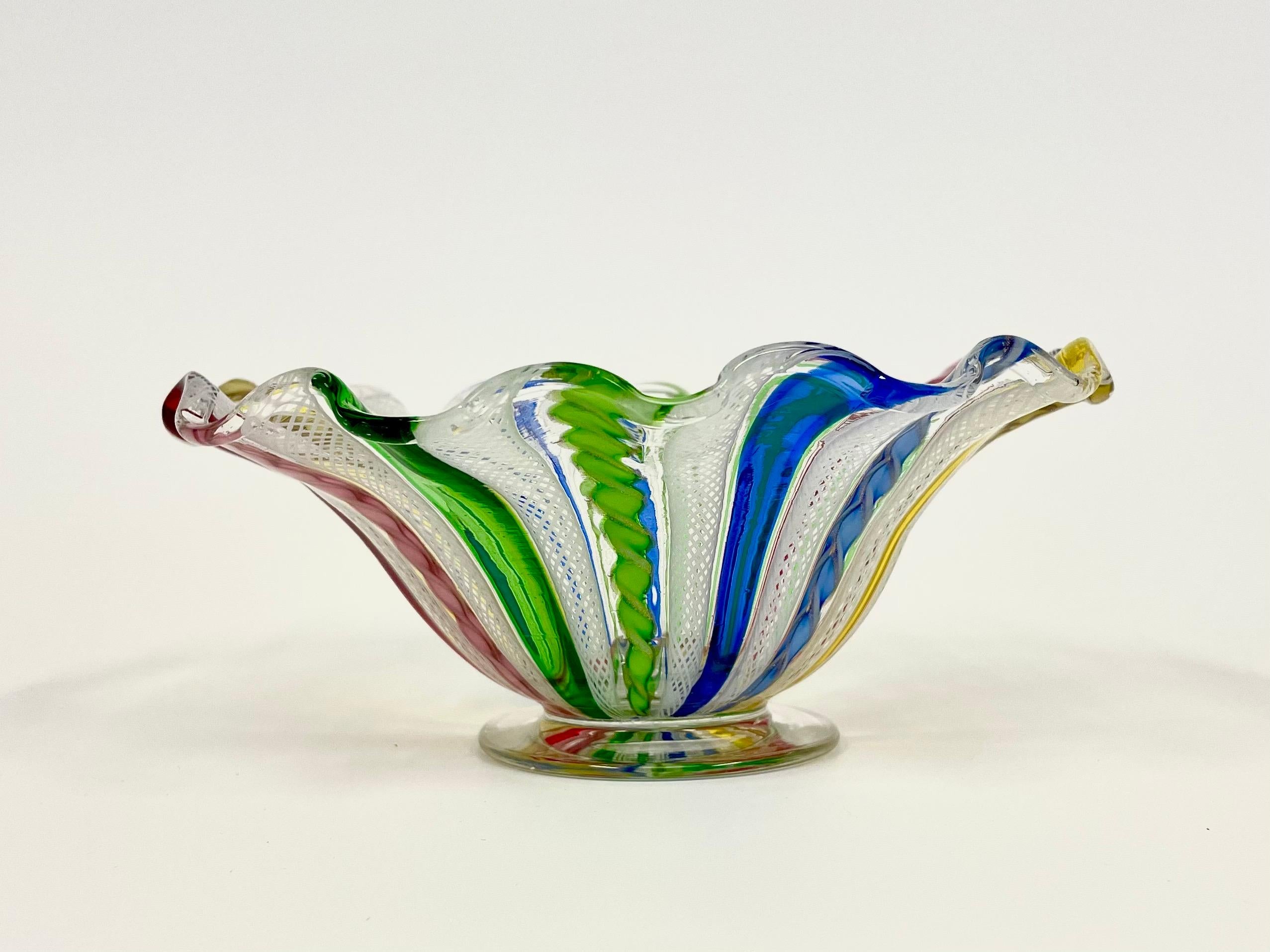 Hand-Crafted Italian 1950s Salviati Murano Footed Glass Bowl with Rainbow Colored Decor For Sale