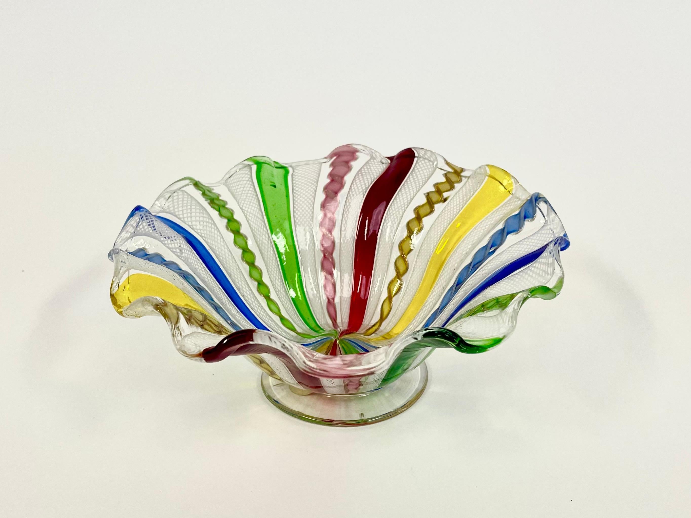 20th Century Italian 1950s Salviati Murano Footed Glass Bowl with Rainbow Colored Decor For Sale