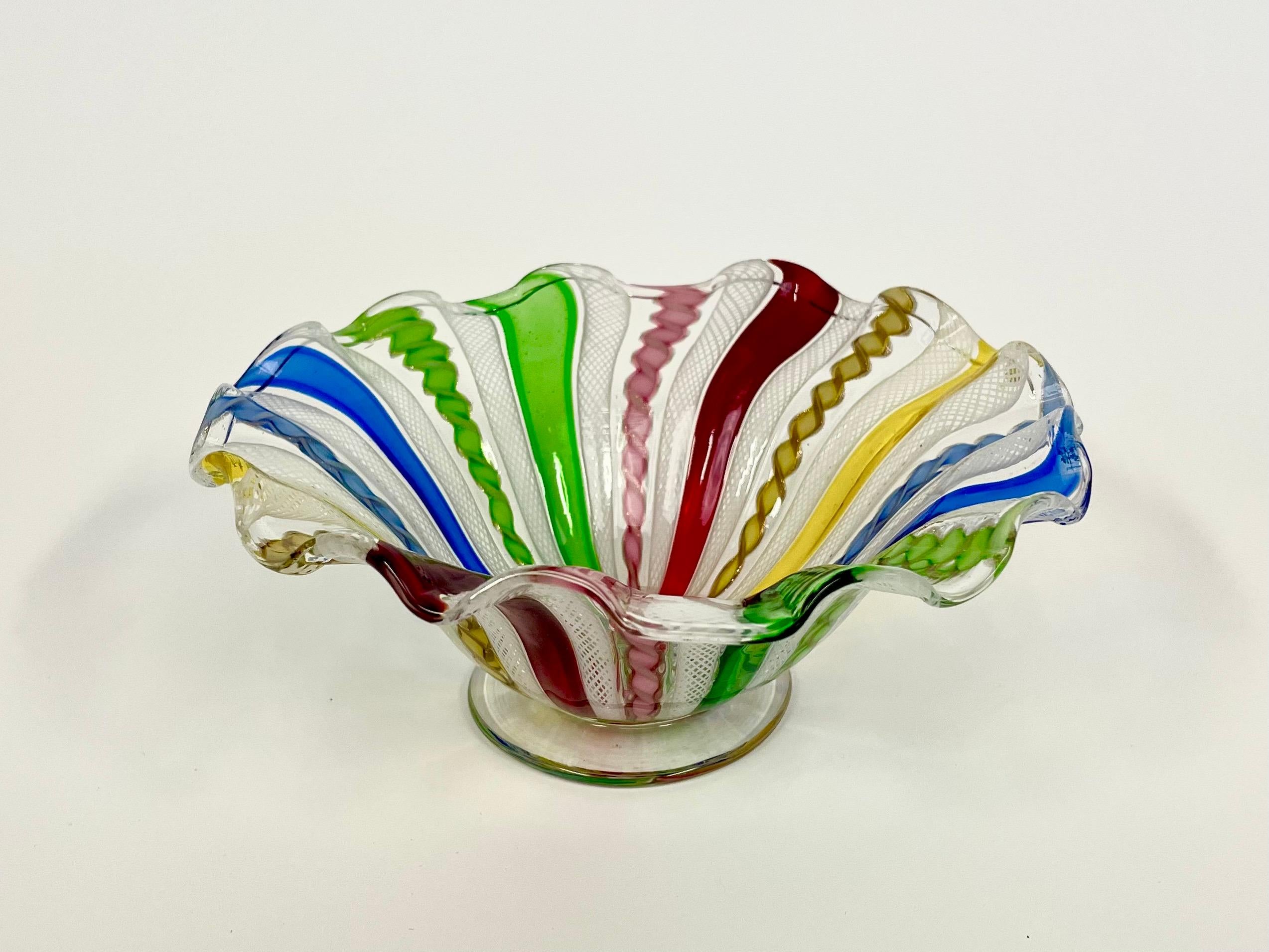 Murano Glass Italian 1950s Salviati Murano Footed Glass Bowl with Rainbow Colored Decor For Sale