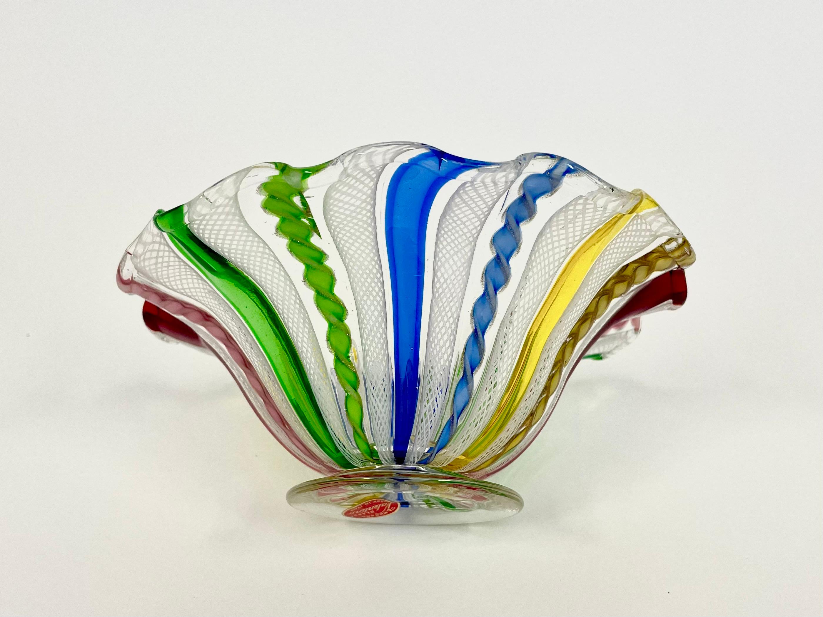 Italian 1950s Salviati Murano Footed Glass Bowl with Rainbow Colored Decor For Sale 1