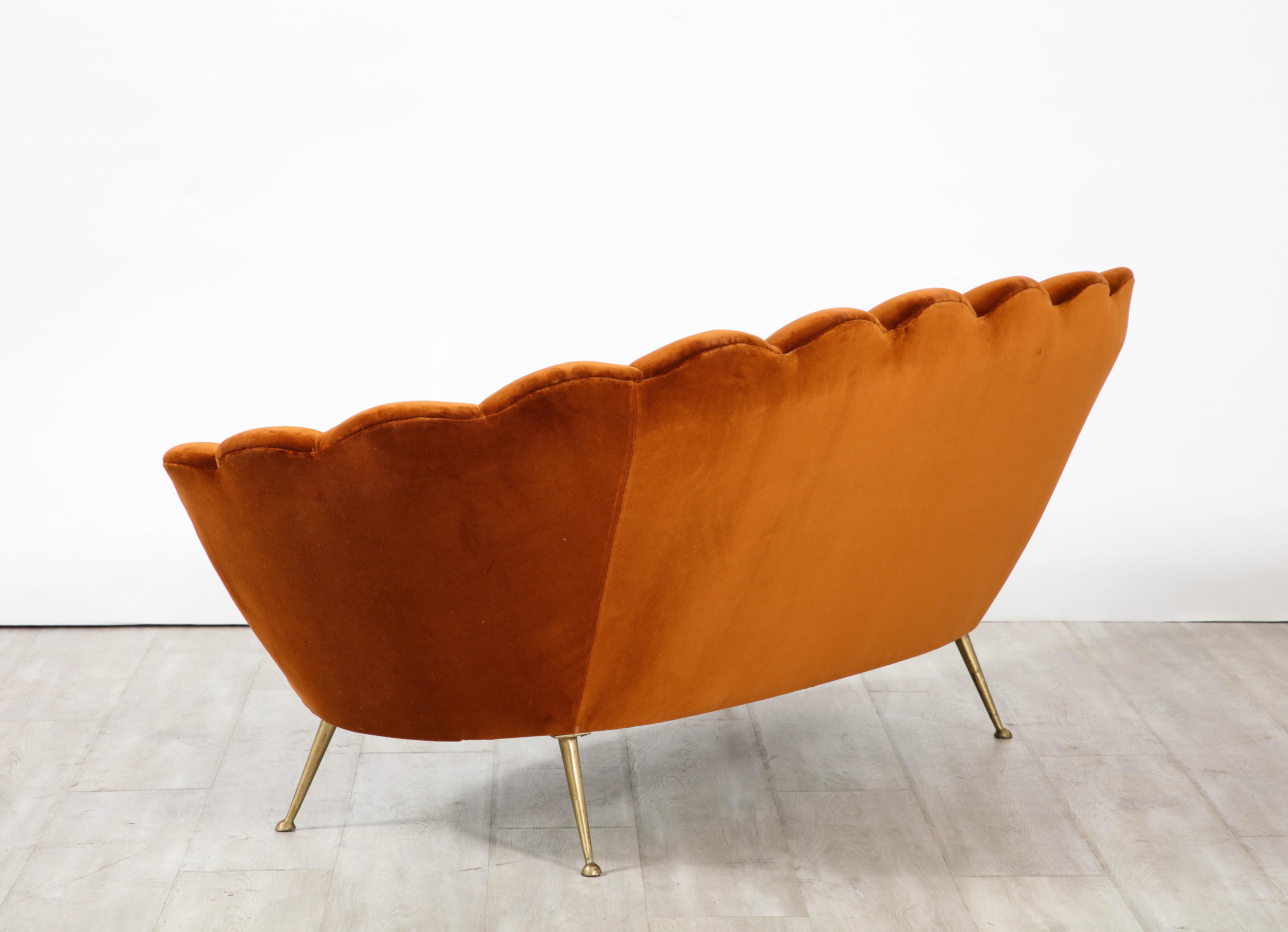 Mid-Century Modern Italian 1950's Scalloped Shaped Channeled Velvet Settee or Sofa For Sale