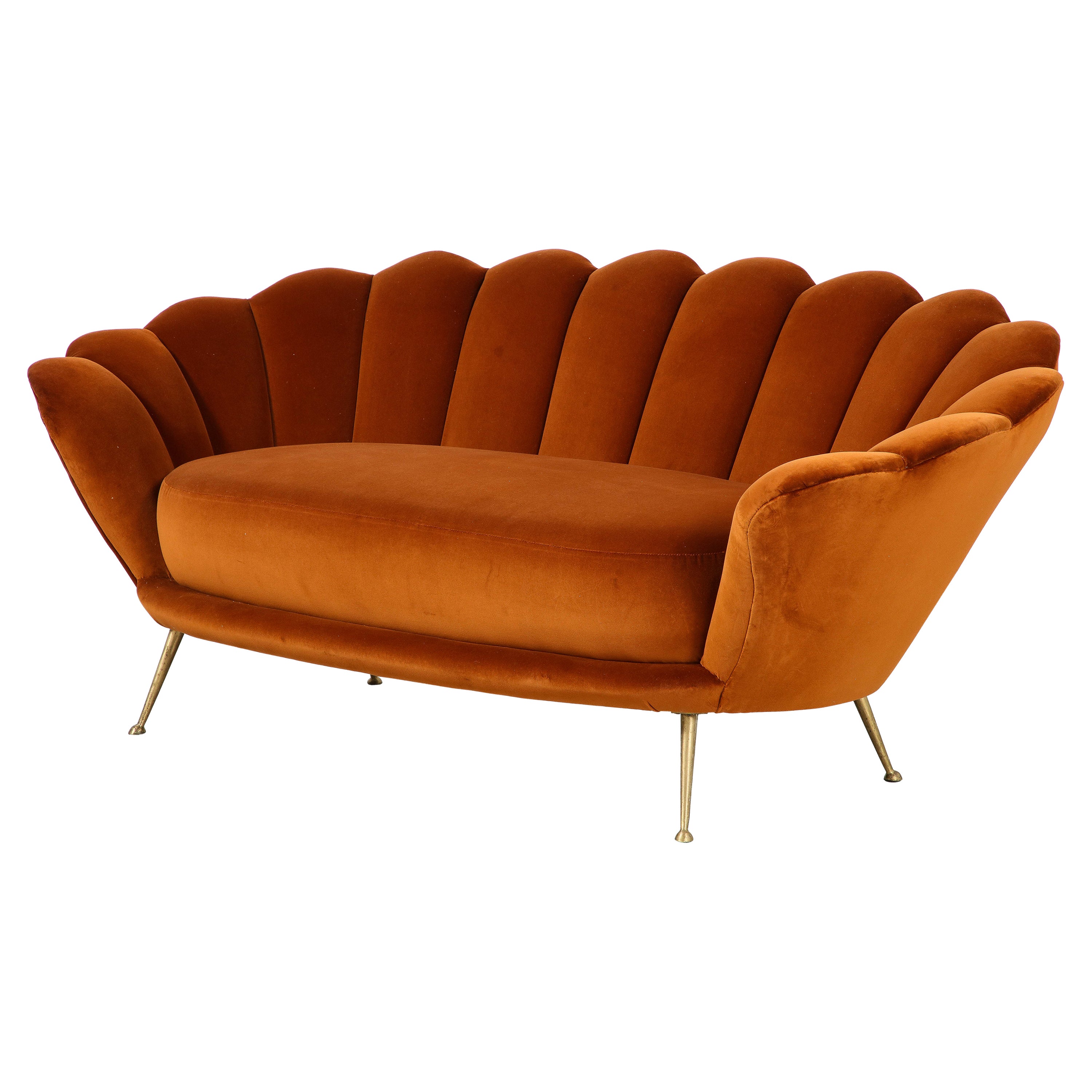 Italian 1950's Scalloped Shaped Channeled Velvet Settee or Sofa