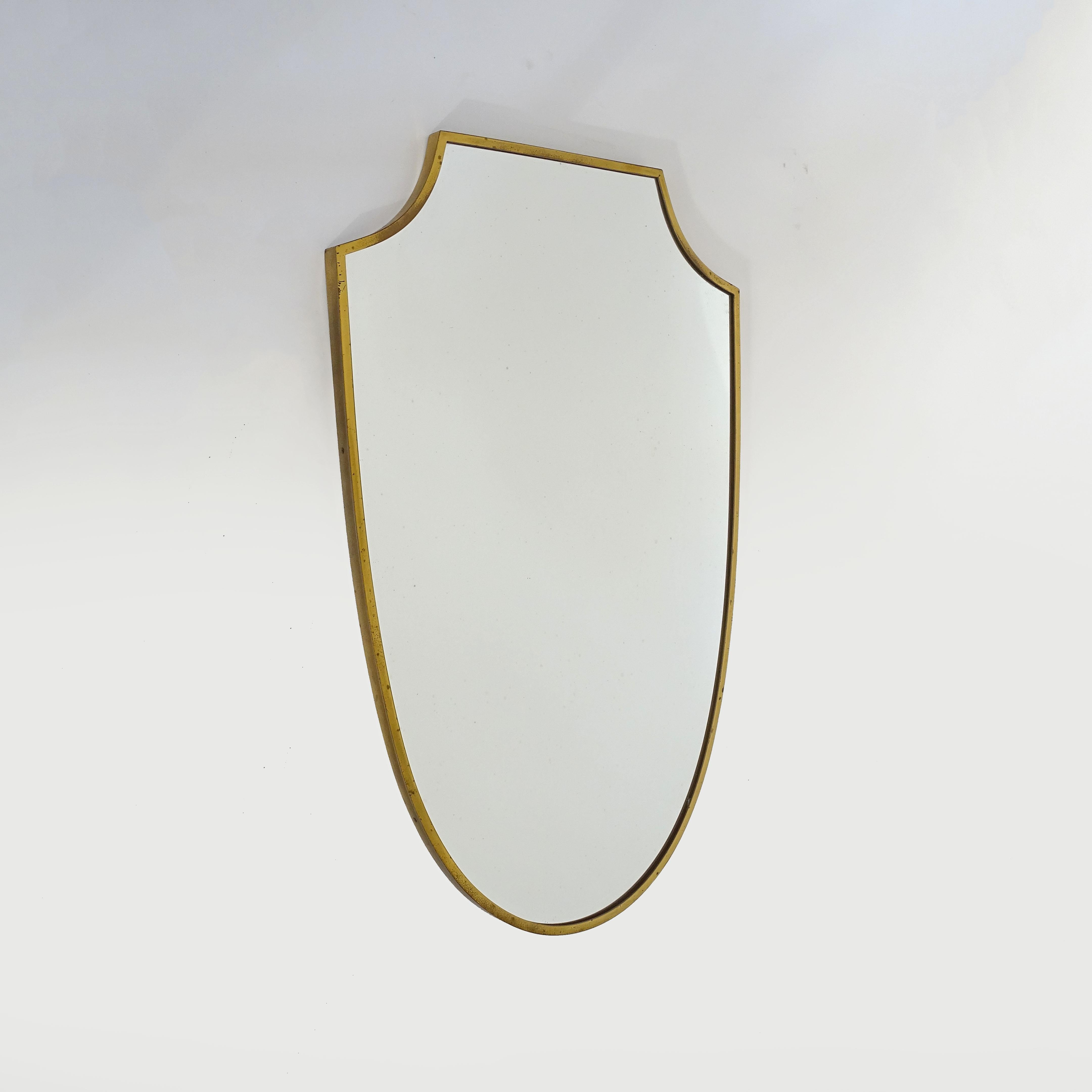 Classical Italian 1950s Shield Shaped Brass Frame Wall Mirror