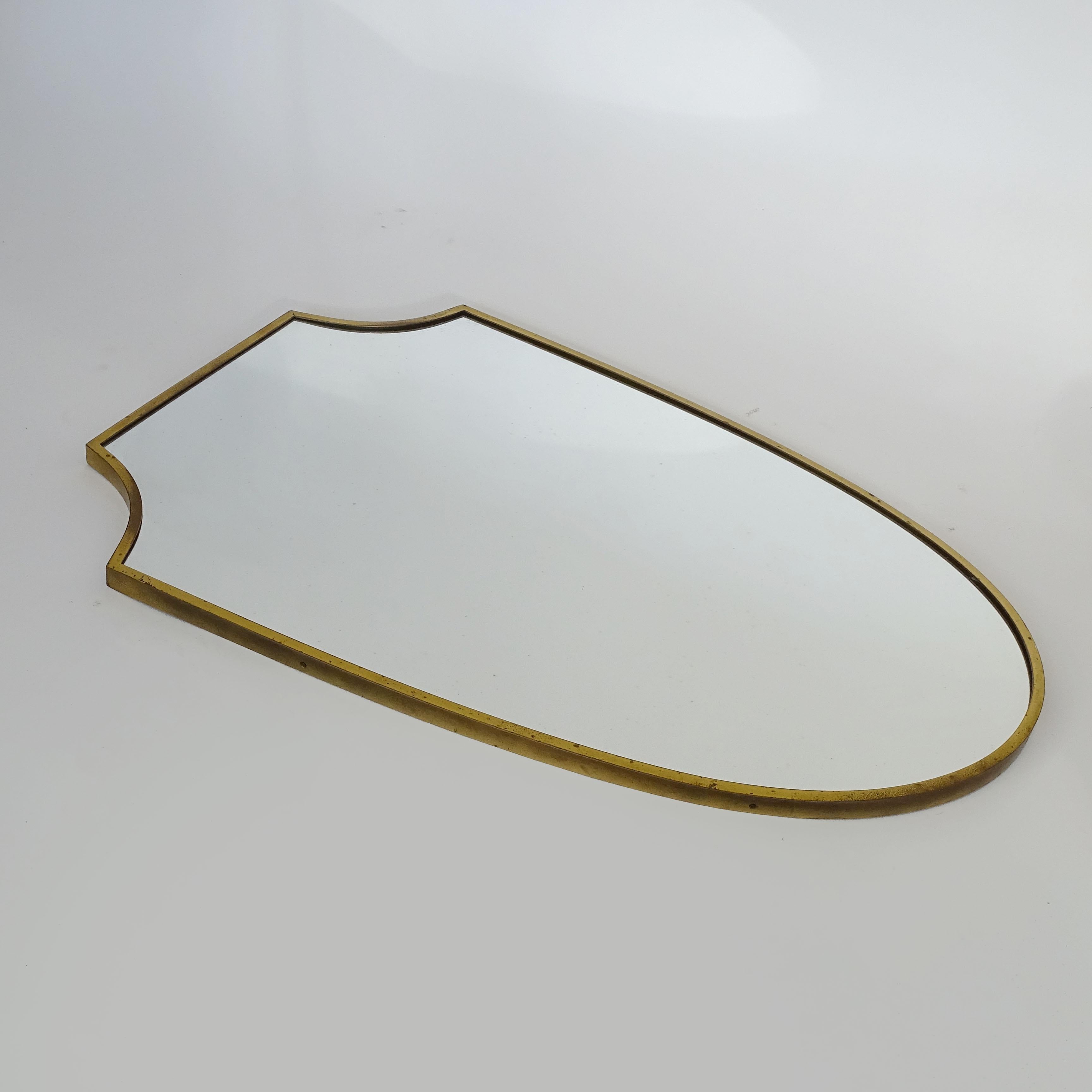 Italian 1950s Shield Shaped Brass Frame Wall Mirror For Sale 3