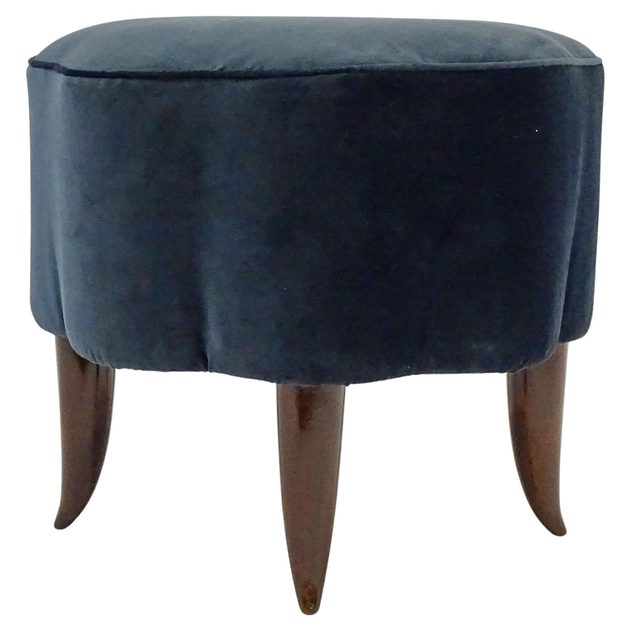 Italian Art Deco Single Stool in Lacquered Wood and Blue Velvet