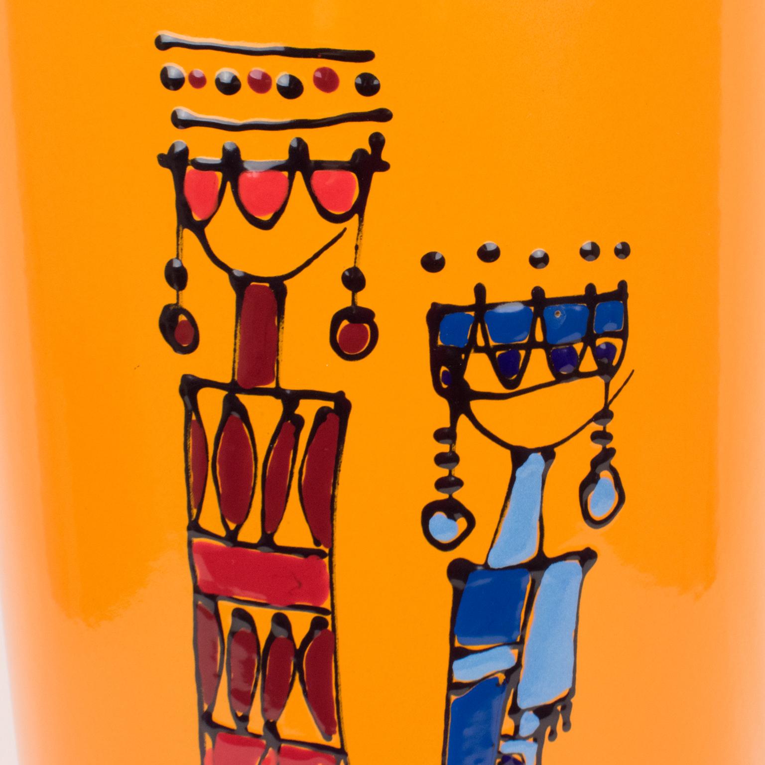 Italian 1950s Siva Poggibonsi Umbrella Stand Orange Enamel with Figurines 7
