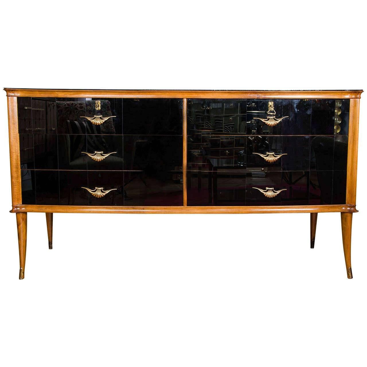 Italian 1950s Black Glass & Walnut Six-Drawer Sideboard with Brass Handles