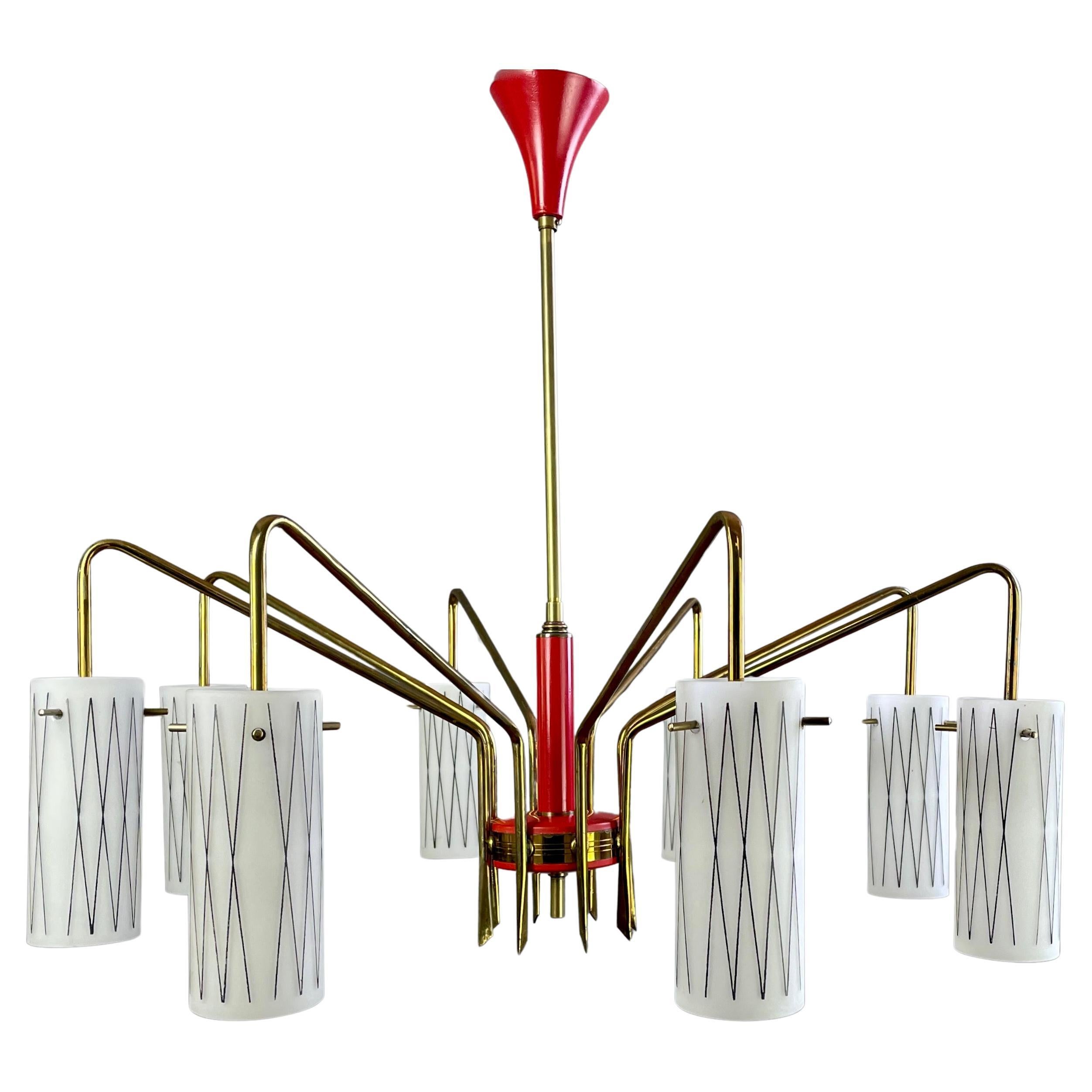 Italian 1950s Spider Brass and Decorated Glass Shades Eight-Light Chandelier