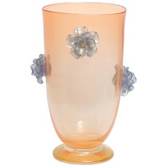 Italian 1950s Tall Peach Colored Venetian Vase with Decorative Blue Flowers