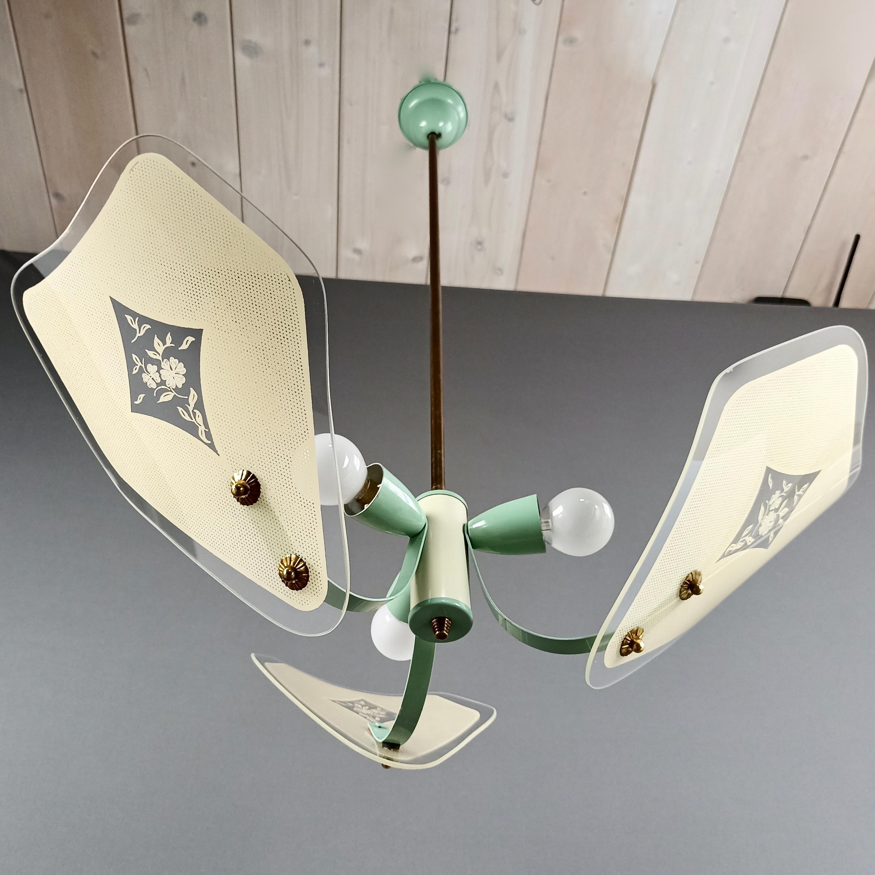 Italian 1950s Three-Light Lacquered Metal and Decorated Glass Shades Chandelier For Sale 3
