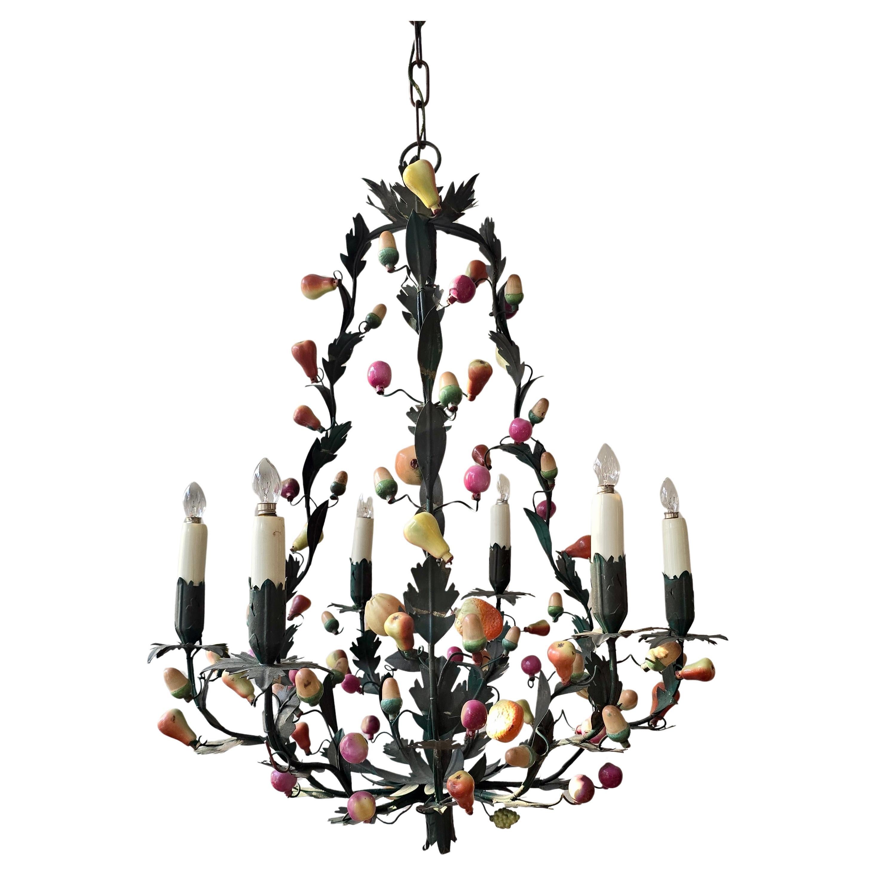 Painted Italian 1950s Tole Fruit Chandelier, Florentine Hollywood Regency Style For Sale