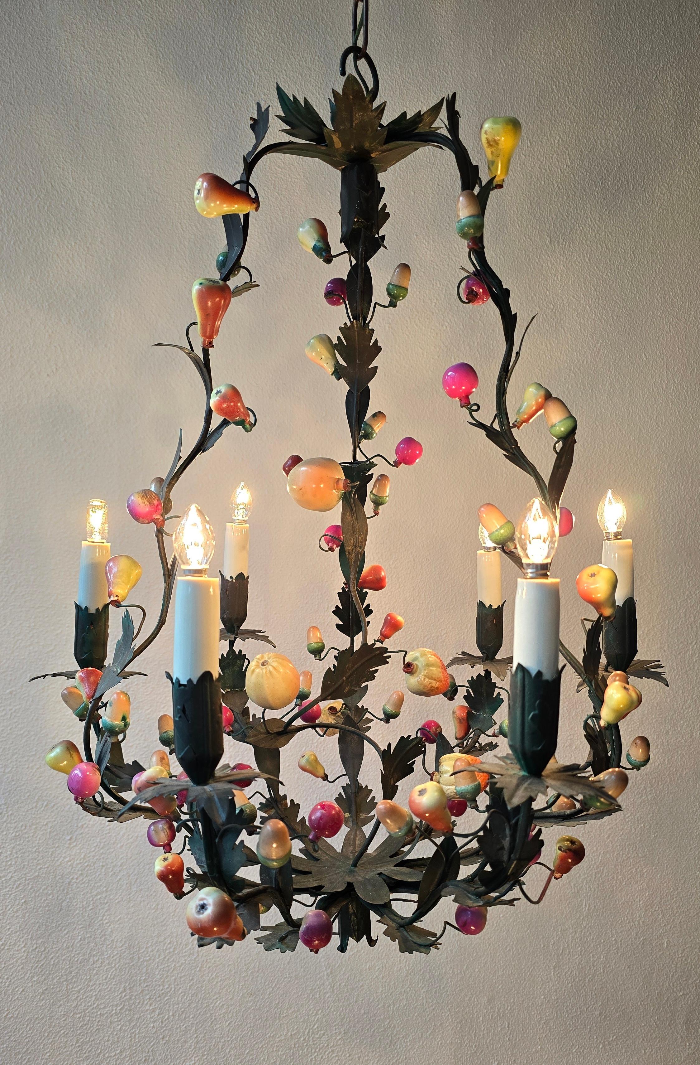 Metal Italian 1950s Tole Fruit Chandelier, Florentine Hollywood Regency Style For Sale