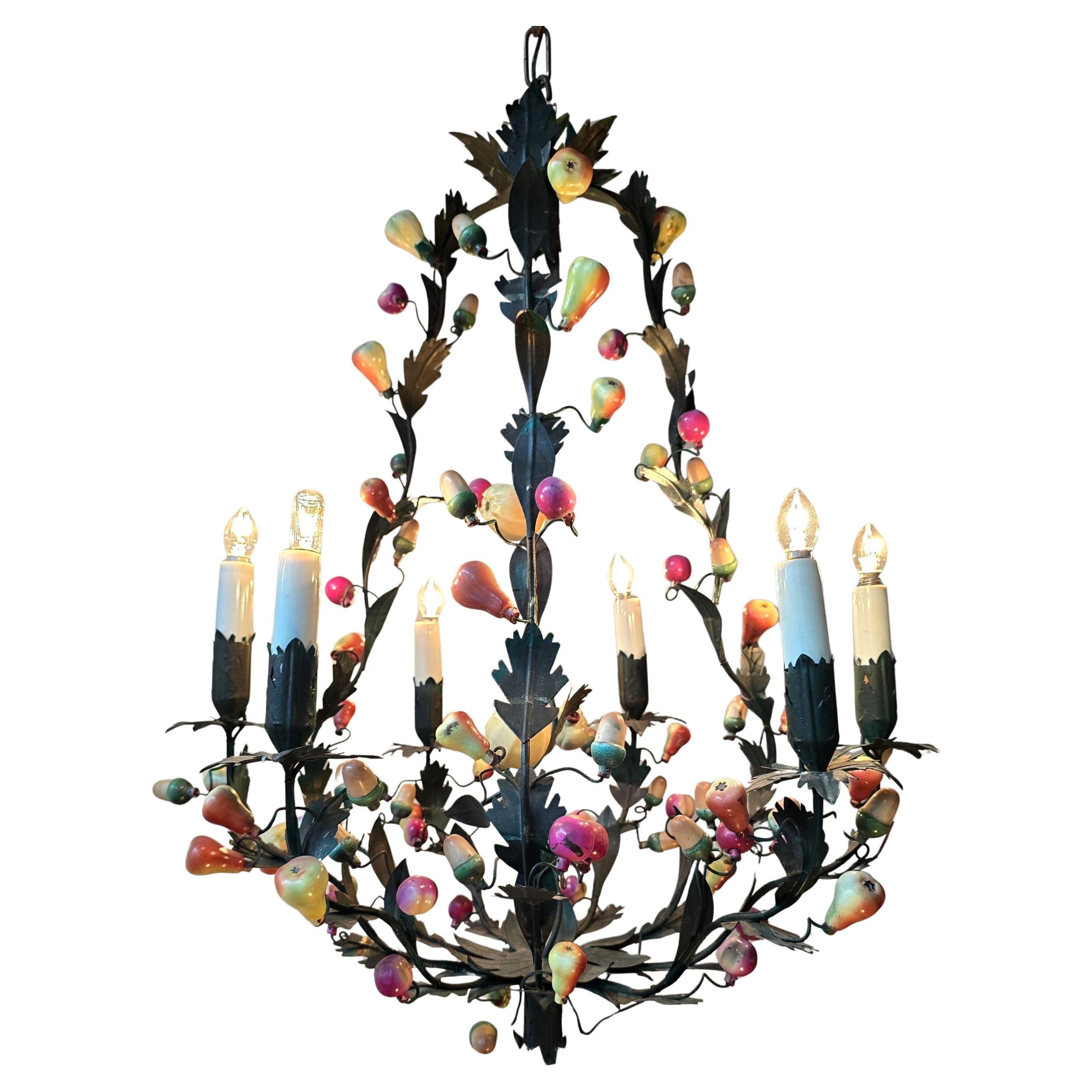 Italian 1950s Tole Fruit Chandelier, Florentine Hollywood Regency Style For Sale