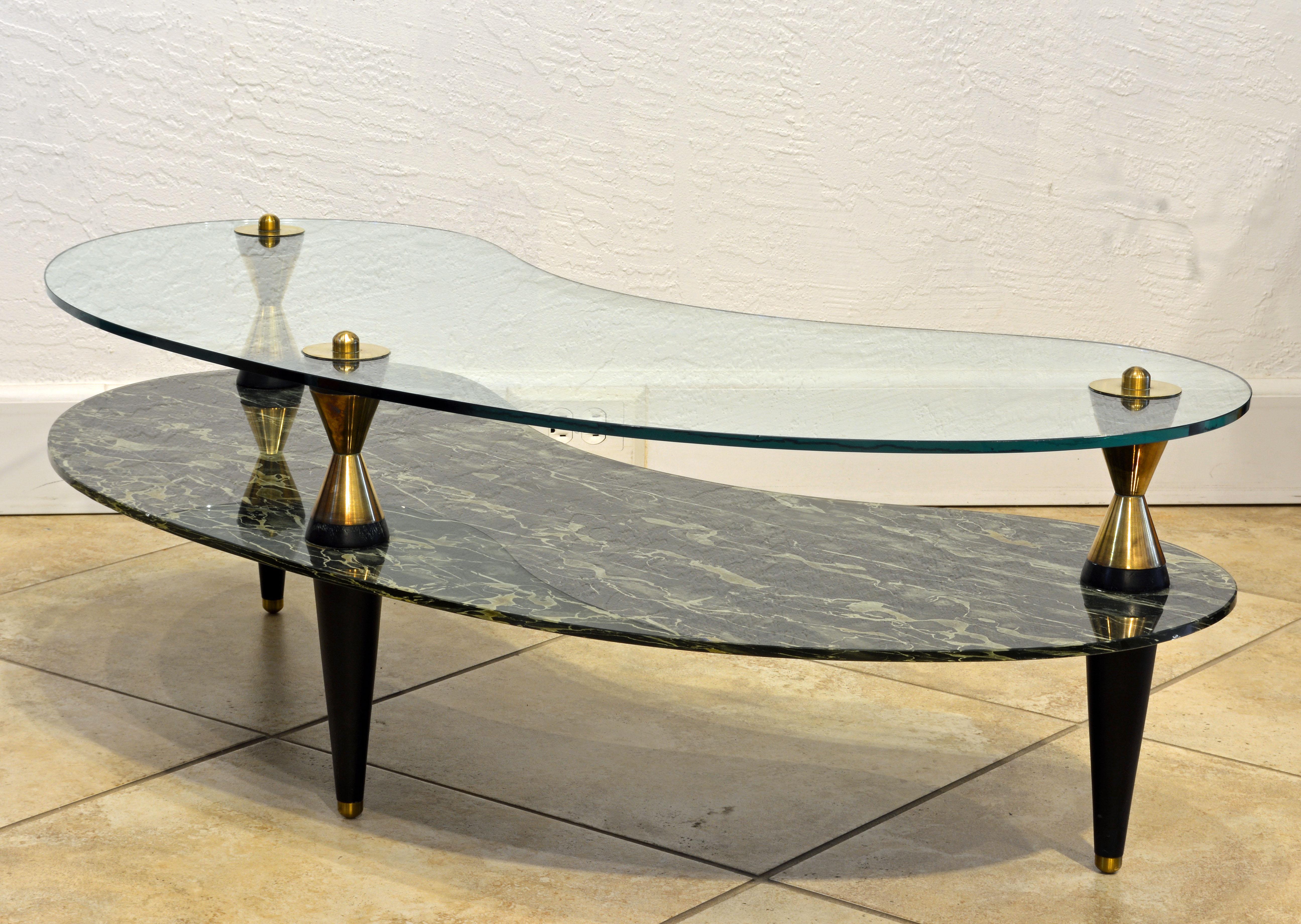 Mid-Century Modern Italian 1950s Two-Tier Kidney Shape Glass Sofa Table with Art Deco Style Legs