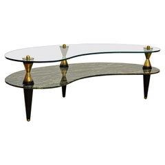 Retro Italian 1950s Two-Tier Kidney Shape Glass Sofa Table with Art Deco Style Legs
