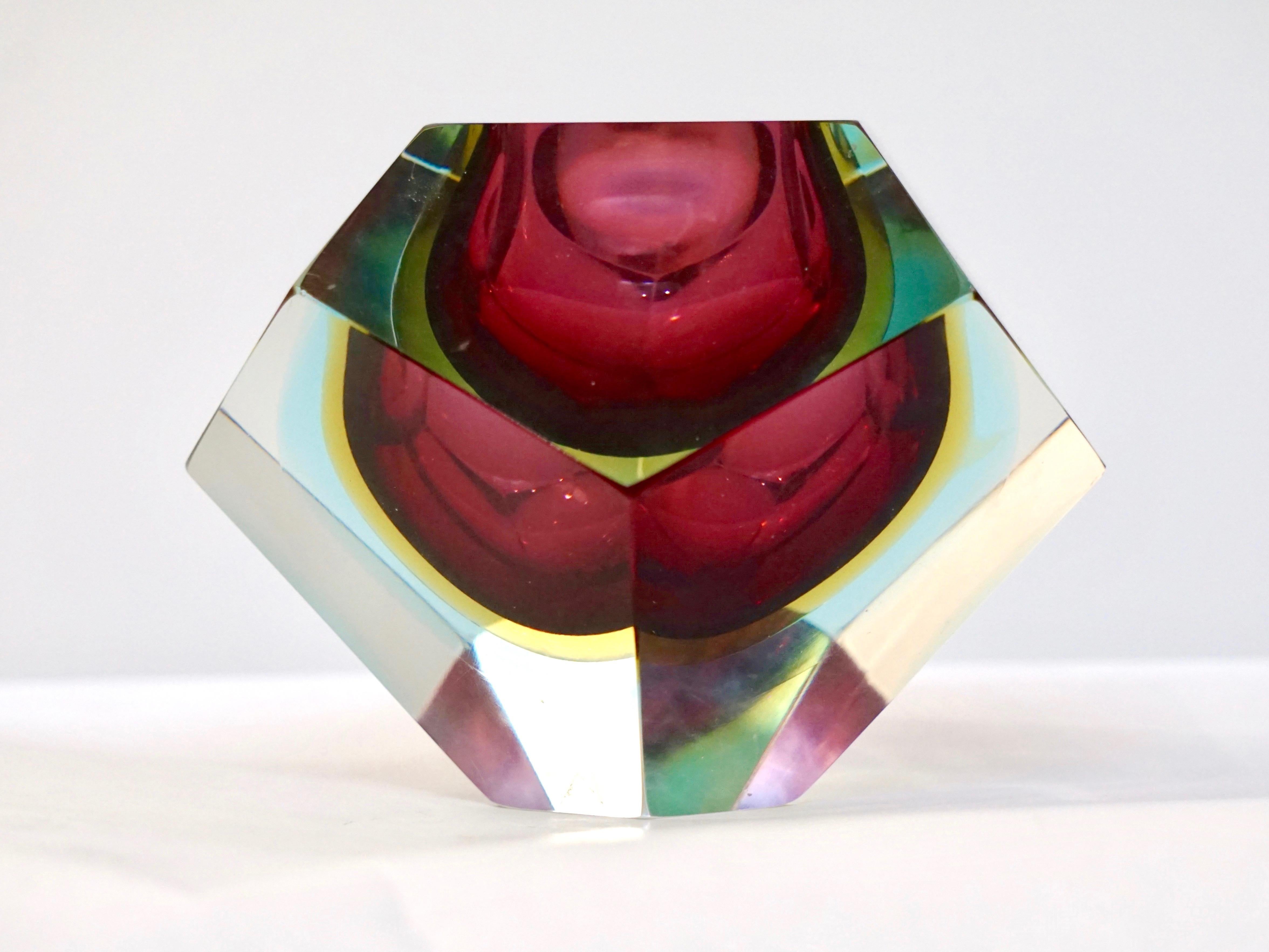 Art Glass Italian 1950s Vintage Large Red Yellow Aqua Diamond Cut Modern Bowl/Centerpiece