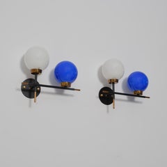 Italian 1950s Wall Sconces in Brass and Colored Glass
