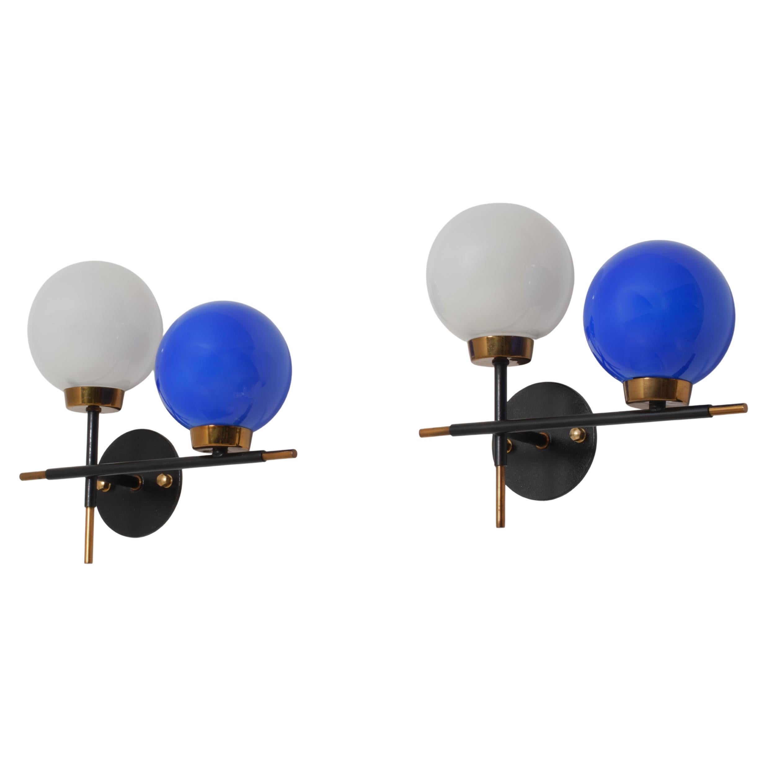 Italian 1950s Wall Sconces in Brass and Colored Glass