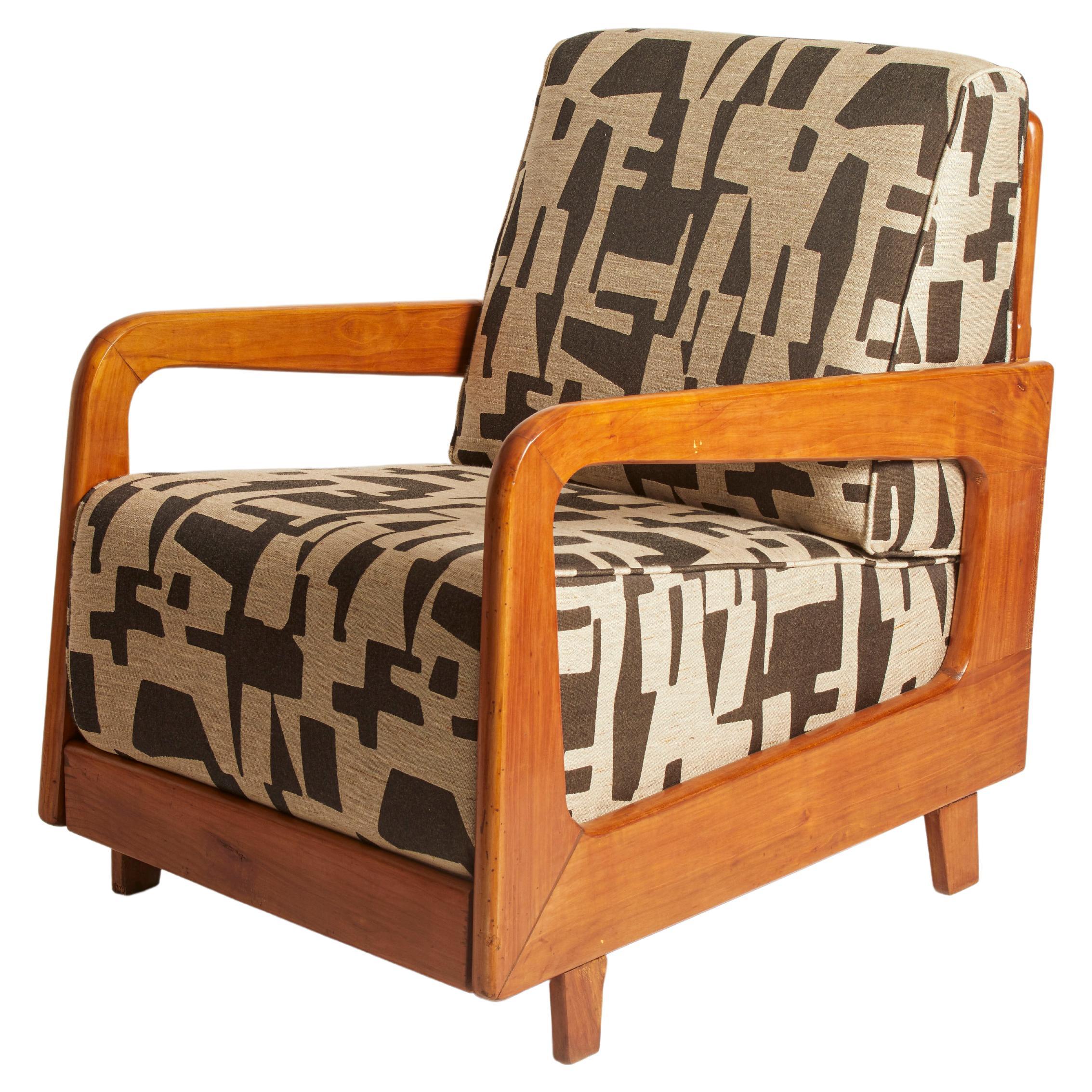 Italian 1950's Walnut Armchair Restored & Reupholstered in Jacquard Fabric For Sale