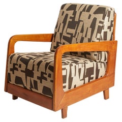 Italian 1950's Walnut Armchair Restored & Reupholstered in Jacquard Fabric