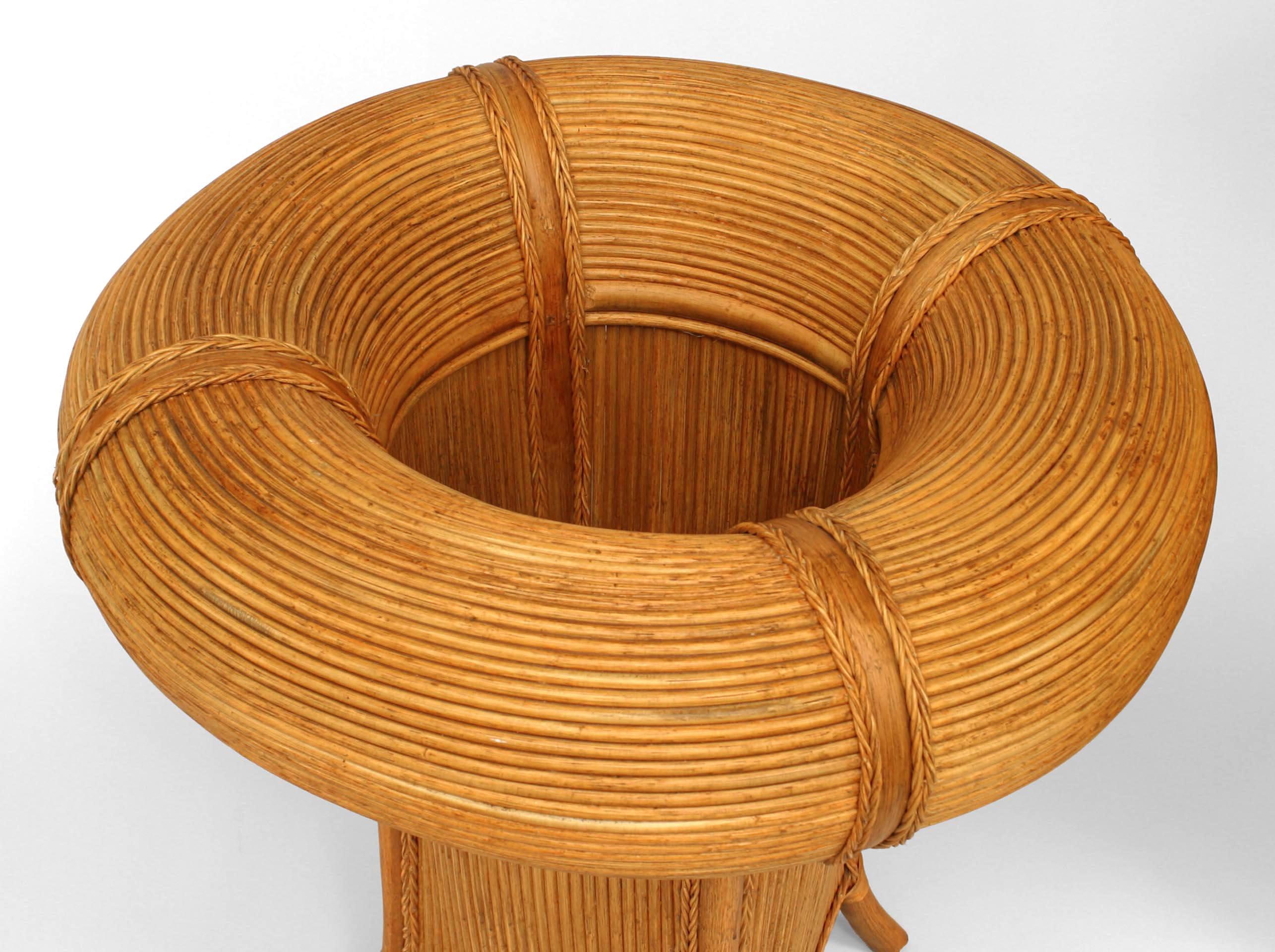 Italian Mid-Century (1950s) round rattan pedestal base caf√© table with open center well top and rope trim (Provenance: a hotel in Acqua Terra, Italy)
