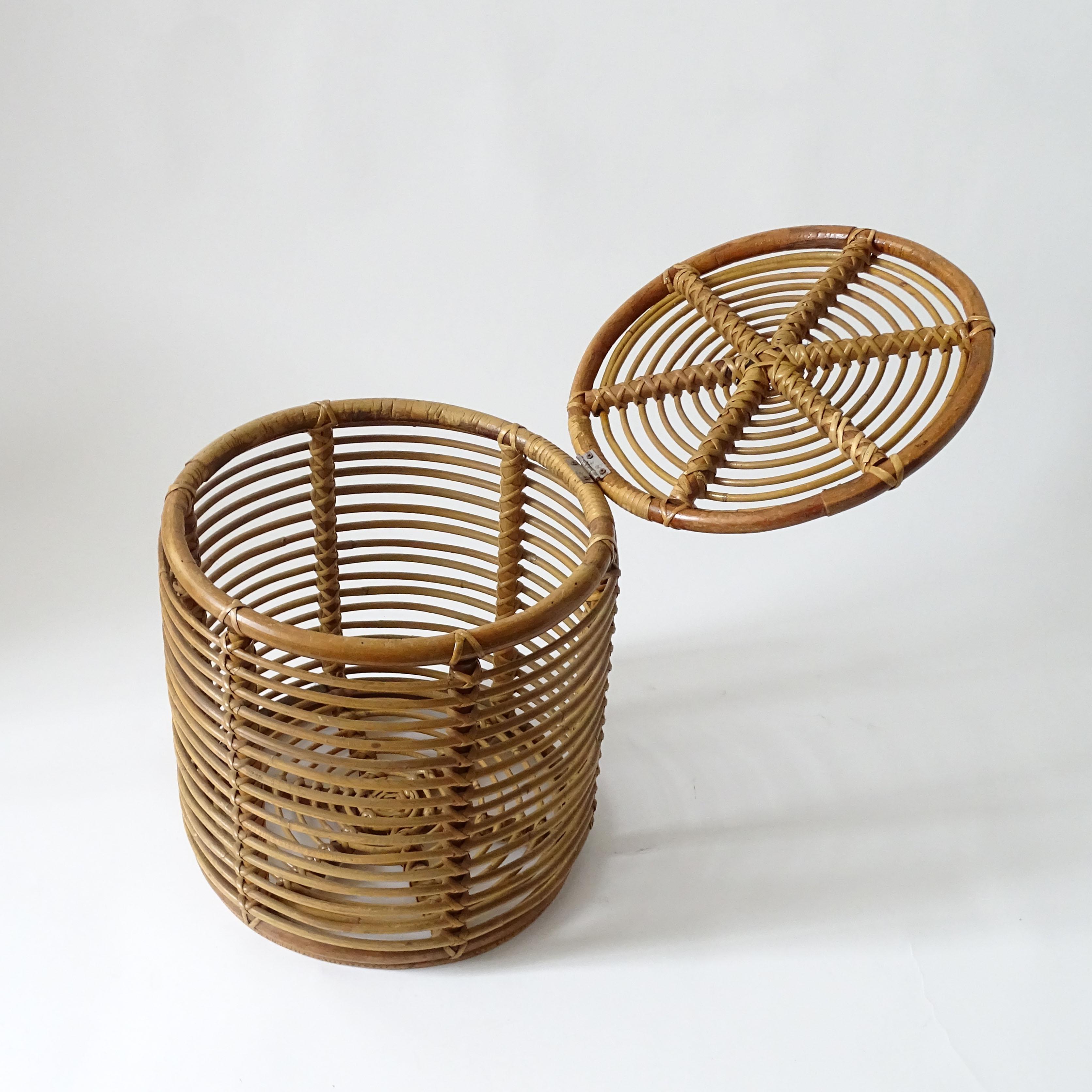 Italian 1950s Wicker and Bamboo Basket with Lid In Good Condition For Sale In Milan, IT