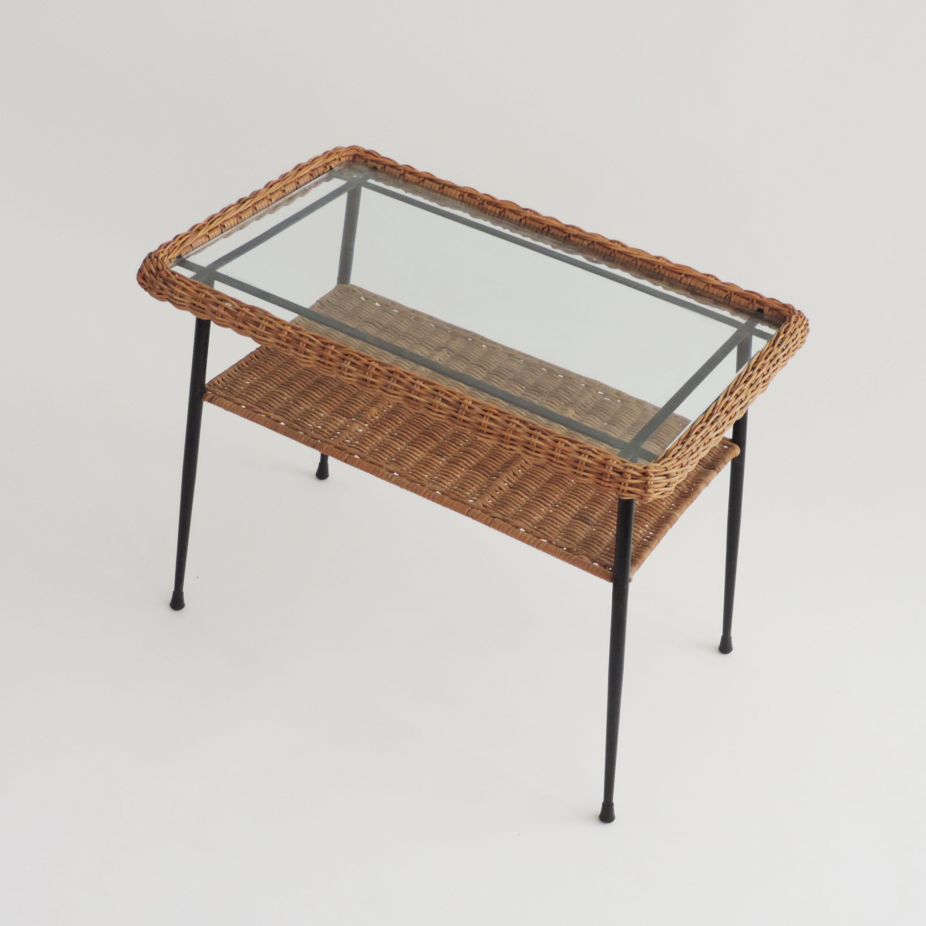 Mid-20th Century Italian 1950s Wicker and Metal Two Tiered Coffee Table