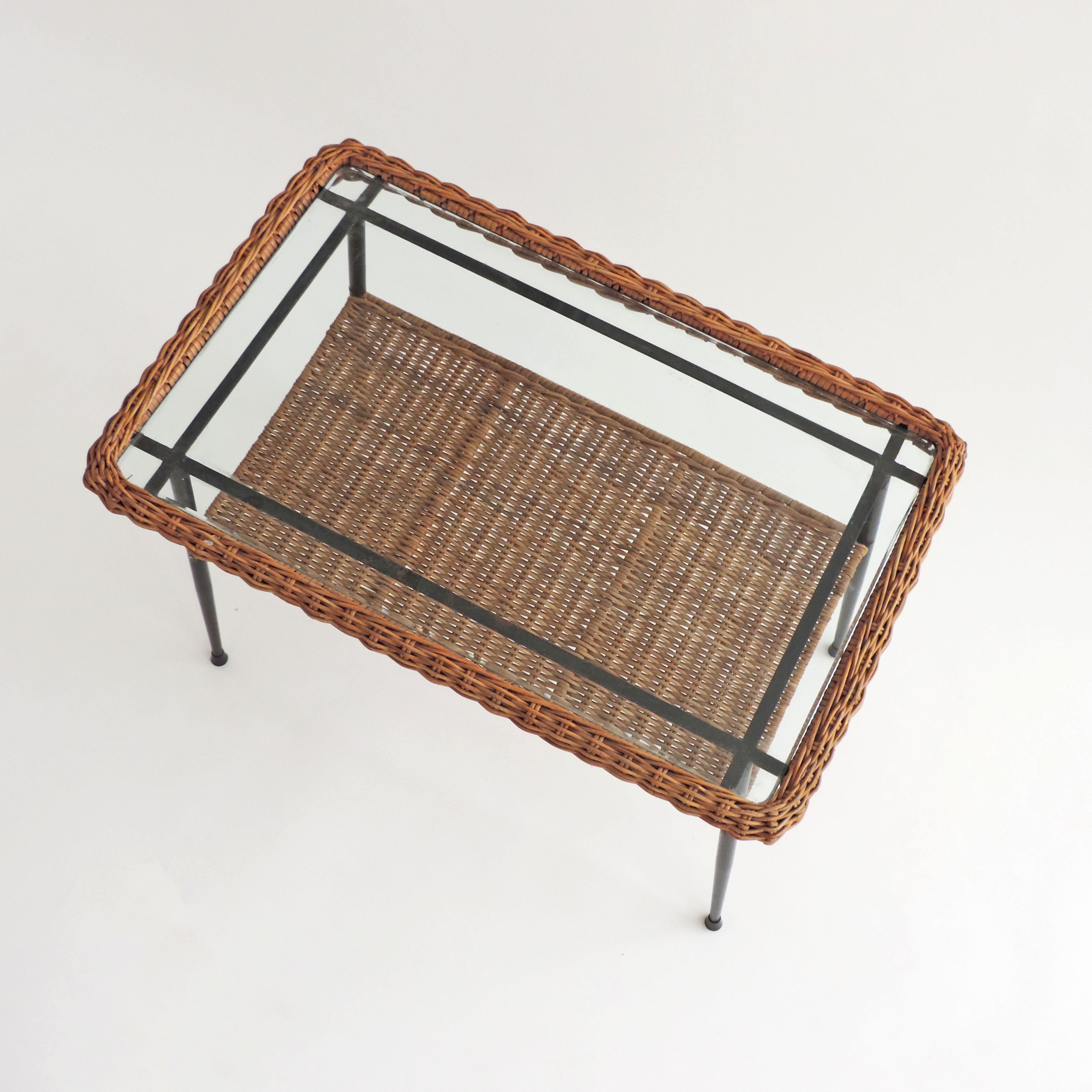 Italian 1950s Wicker and Metal Two Tiered Coffee Table 1