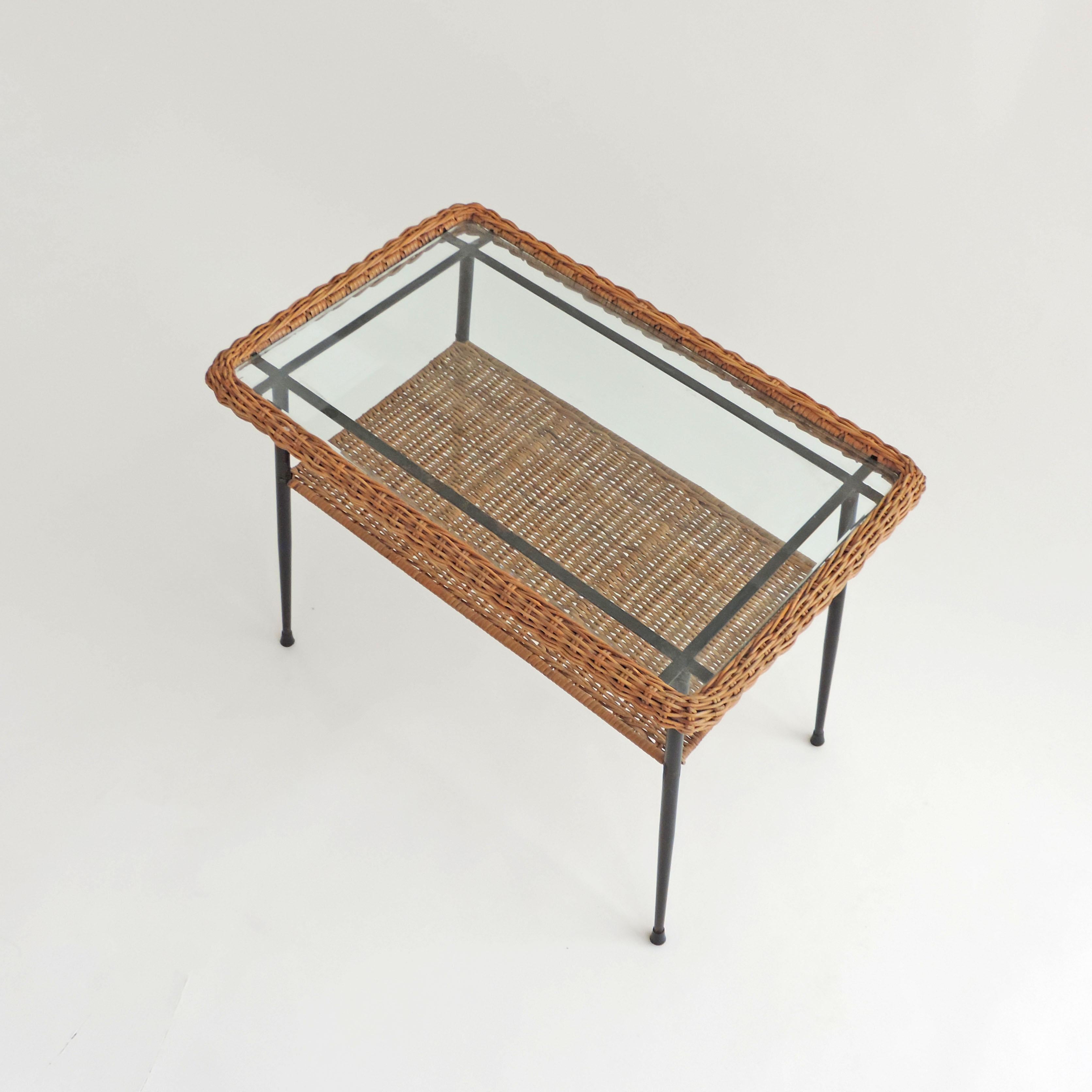 Italian 1950s Wicker and Metal Two Tiered Coffee Table 3