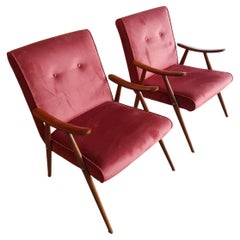 Italian 1950s Wood Armrests Magenta Velvet Armchairs Set of 2