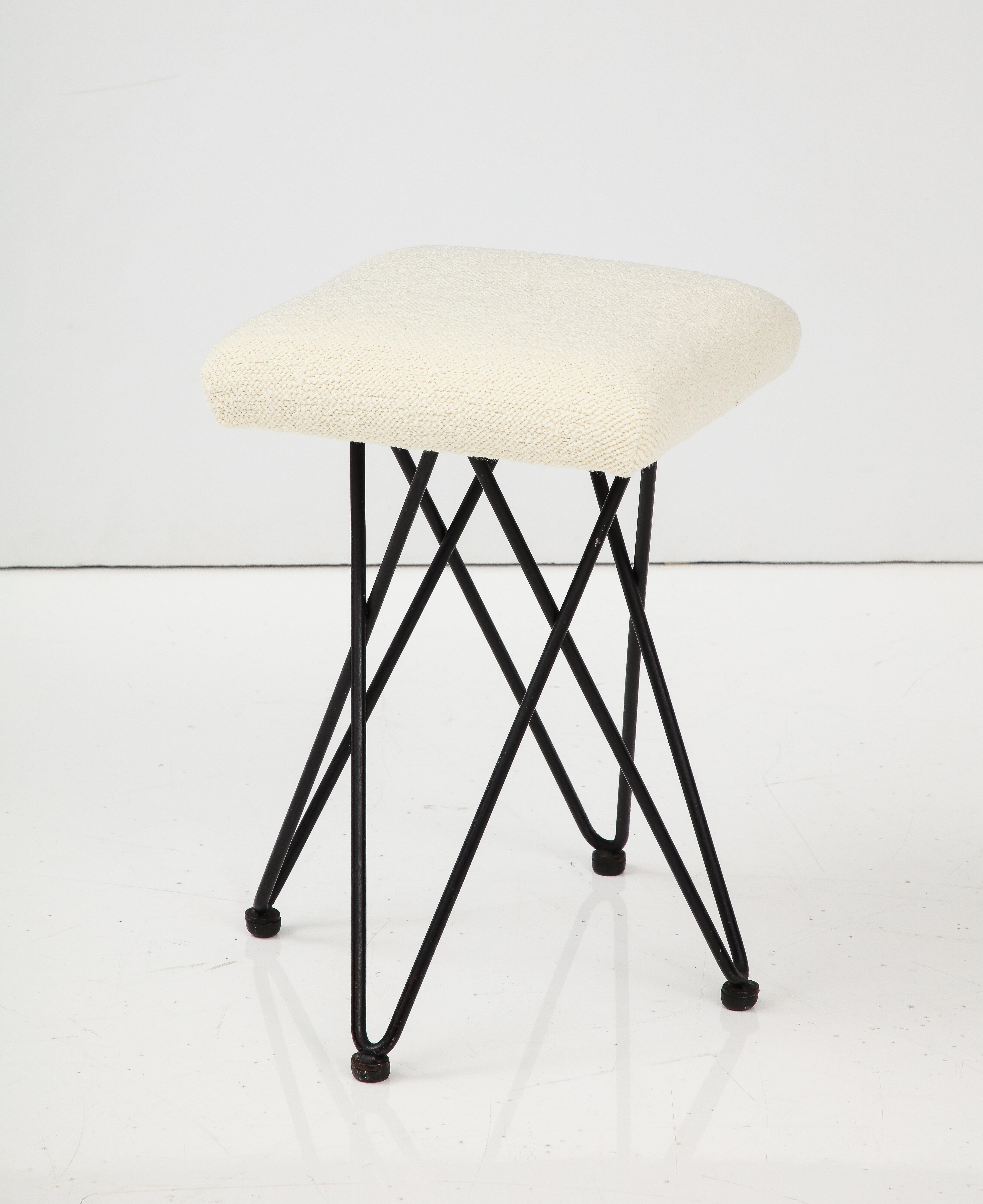 Pair of Italian 1950's Wrought Iron Square Upholstered Stools For Sale 5