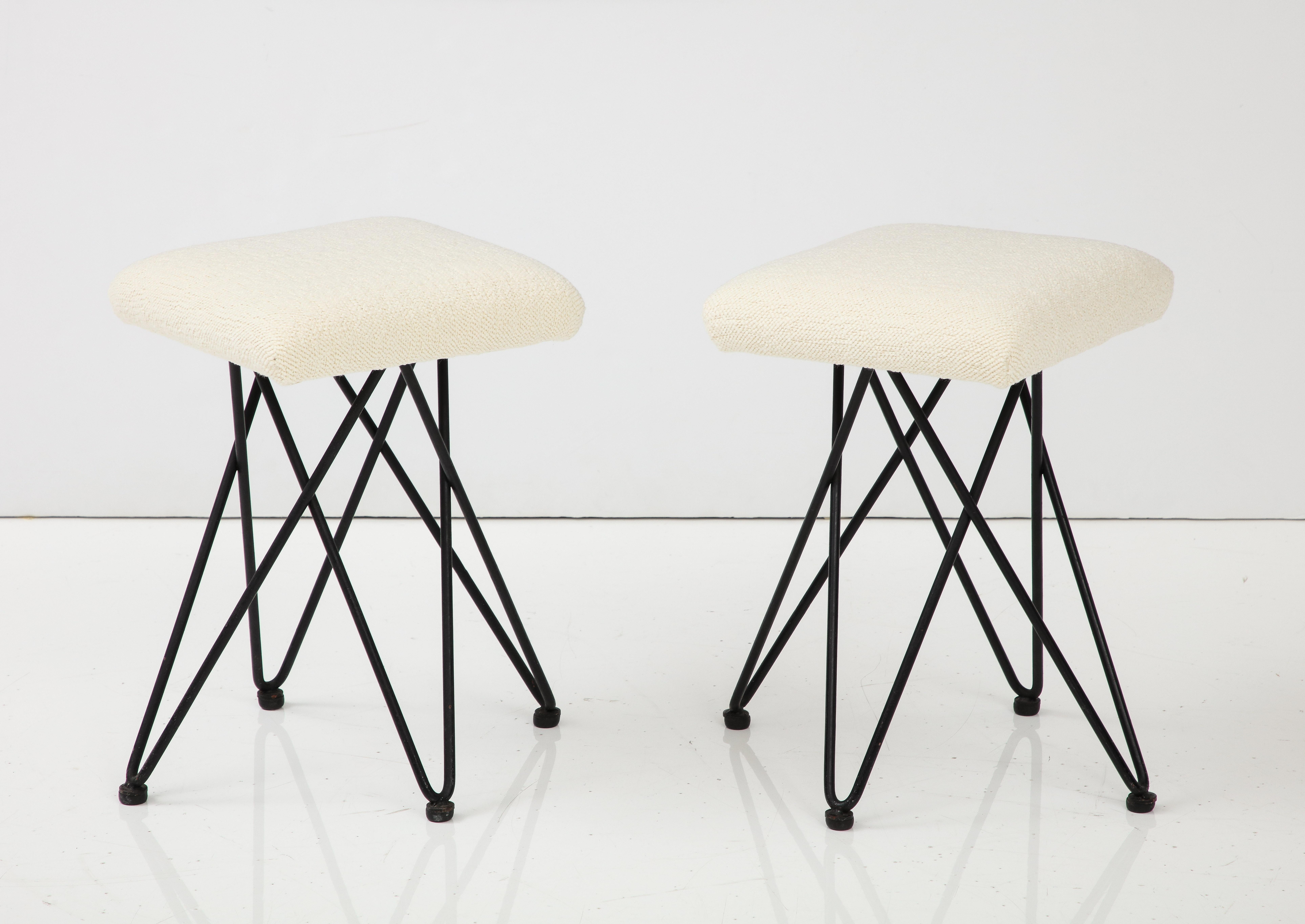 Pair of Italian wrought iron stools with hairpin legs and square upholstered seats. 
Italy, circa 1950 
Size: 18 3/4