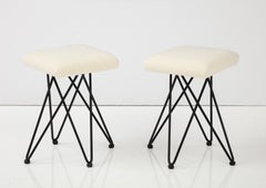 Pair of Italian 1950's Wrought Iron Square Upholstered Stools