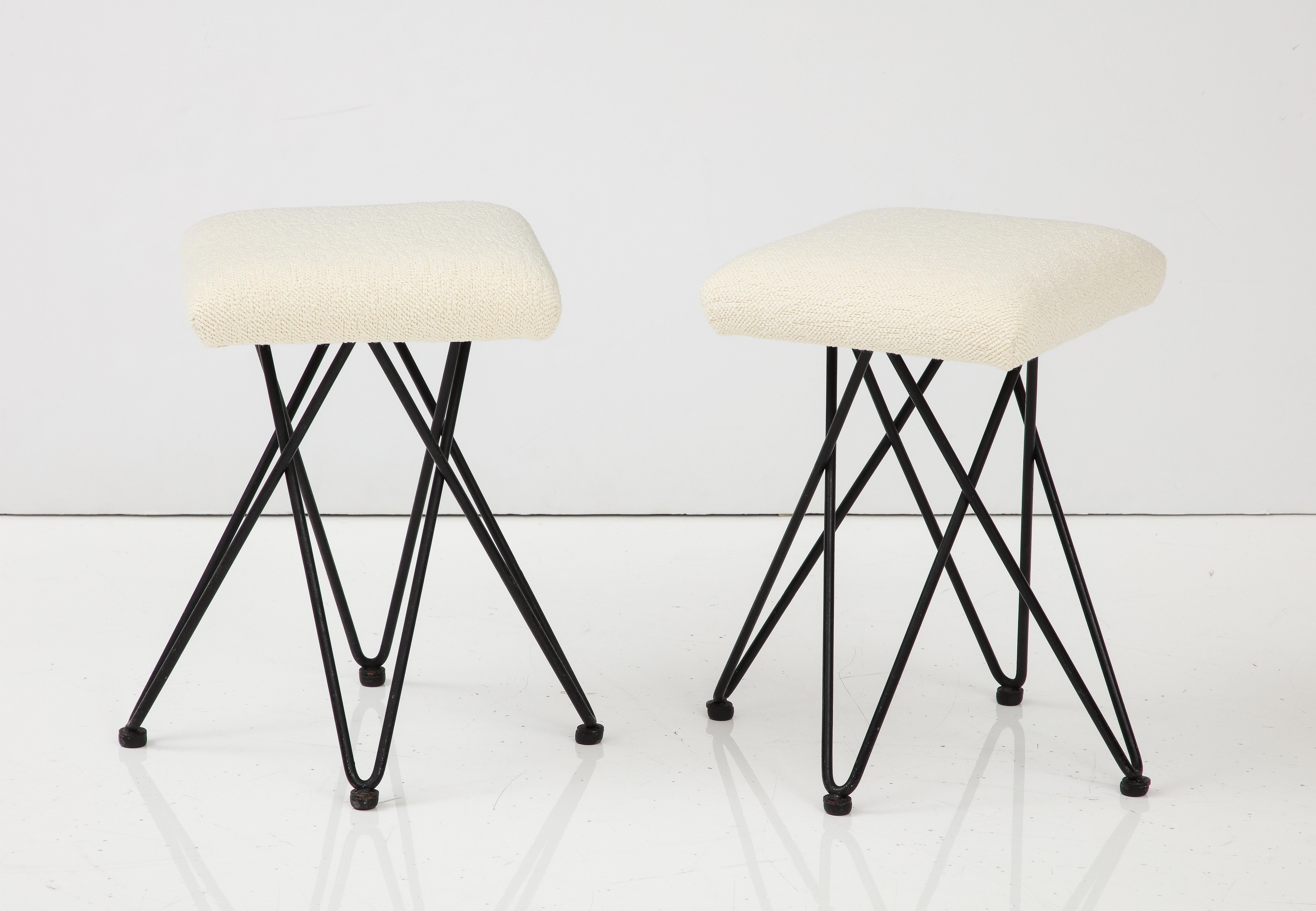 Mid-Century Modern Pair of Italian 1950's Wrought Iron Square Upholstered Stools For Sale