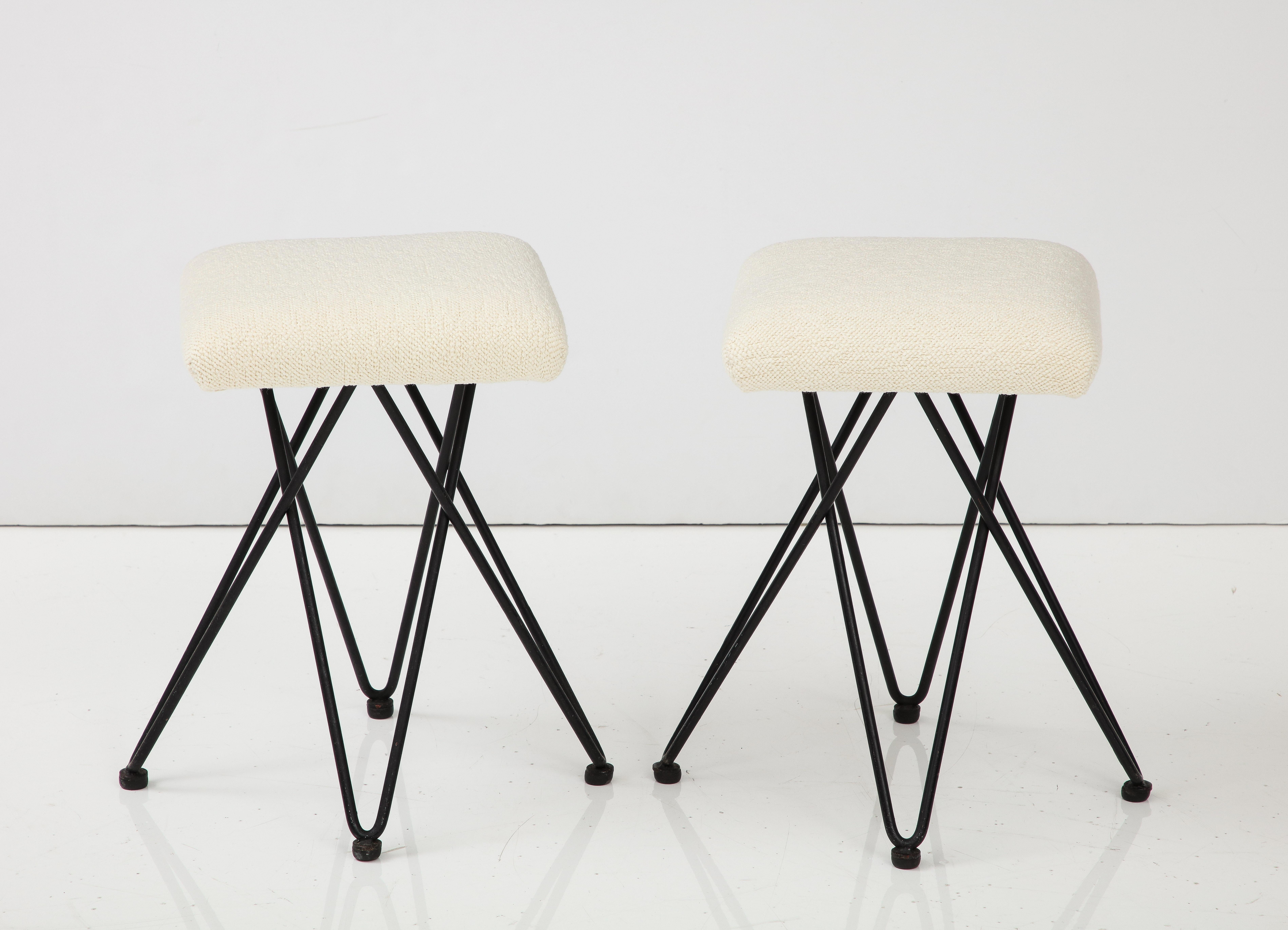 Pair of Italian 1950's Wrought Iron Square Upholstered Stools In Good Condition In New York, NY