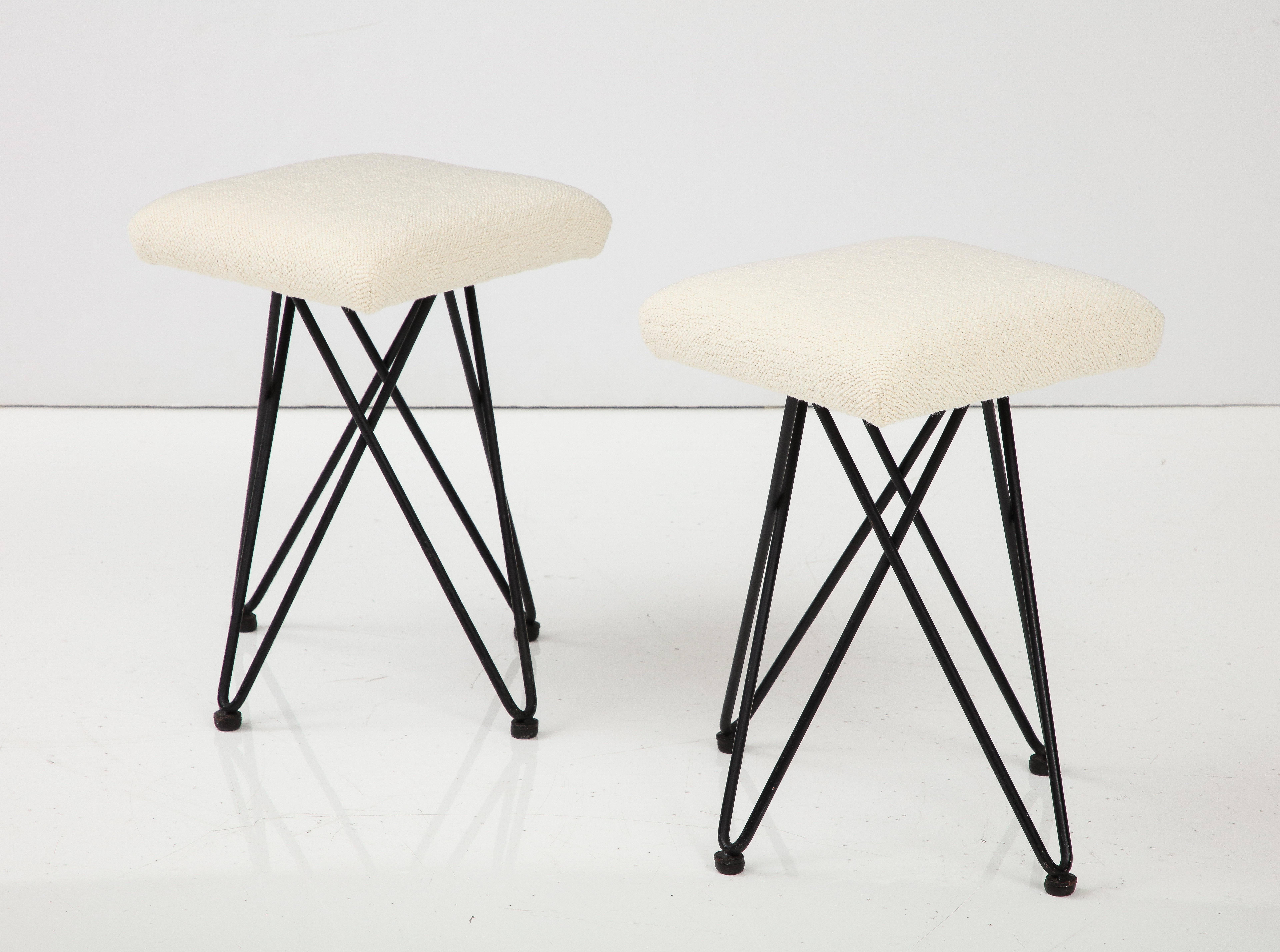 Mid-20th Century Pair of Italian 1950's Wrought Iron Square Upholstered Stools For Sale