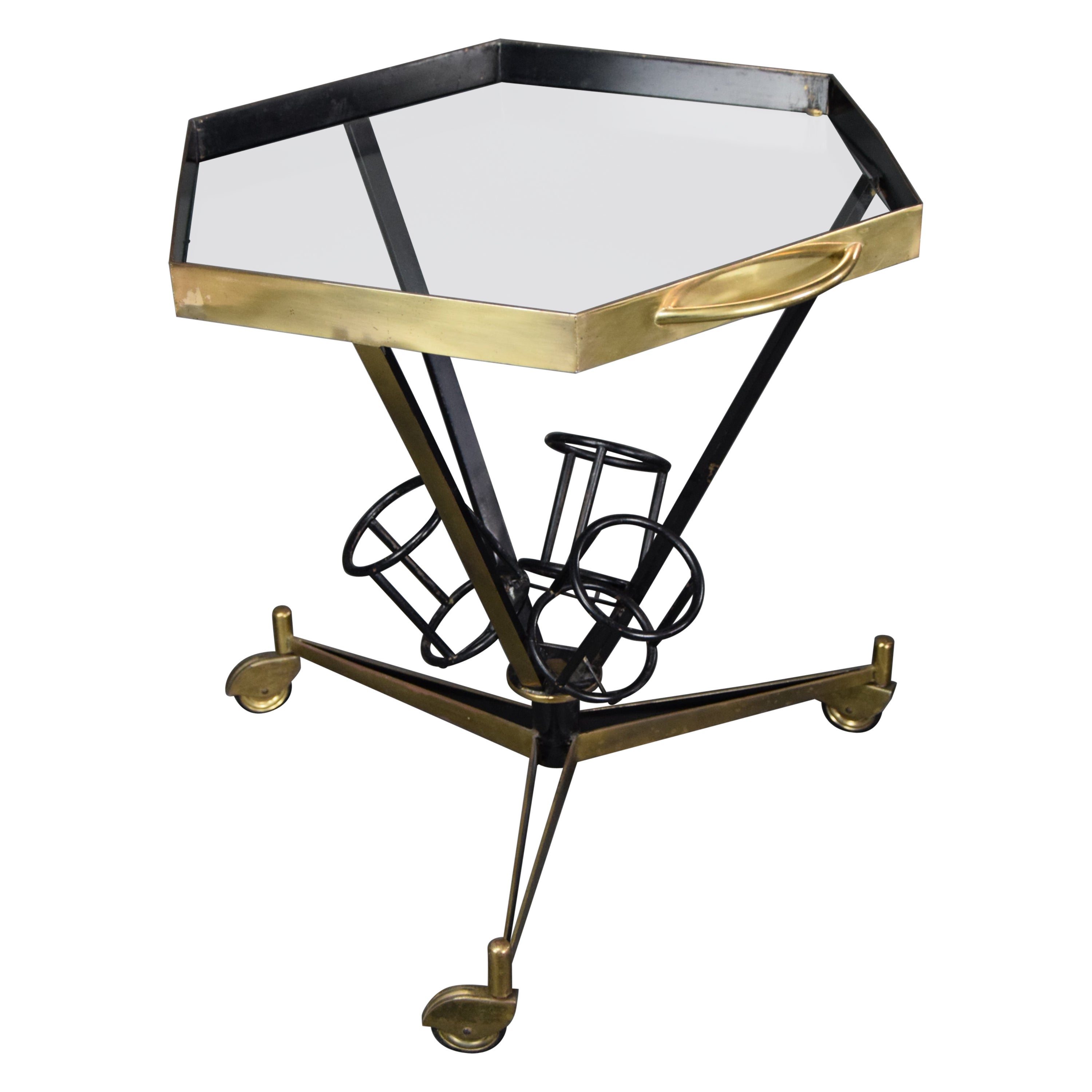 Chariot de bar italien en laiton et verre de 1960