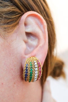 ITALIAN 1960 Clips On Earrings In 18Kt Gold With 5.86 Ctw Diamonds And Gemstones