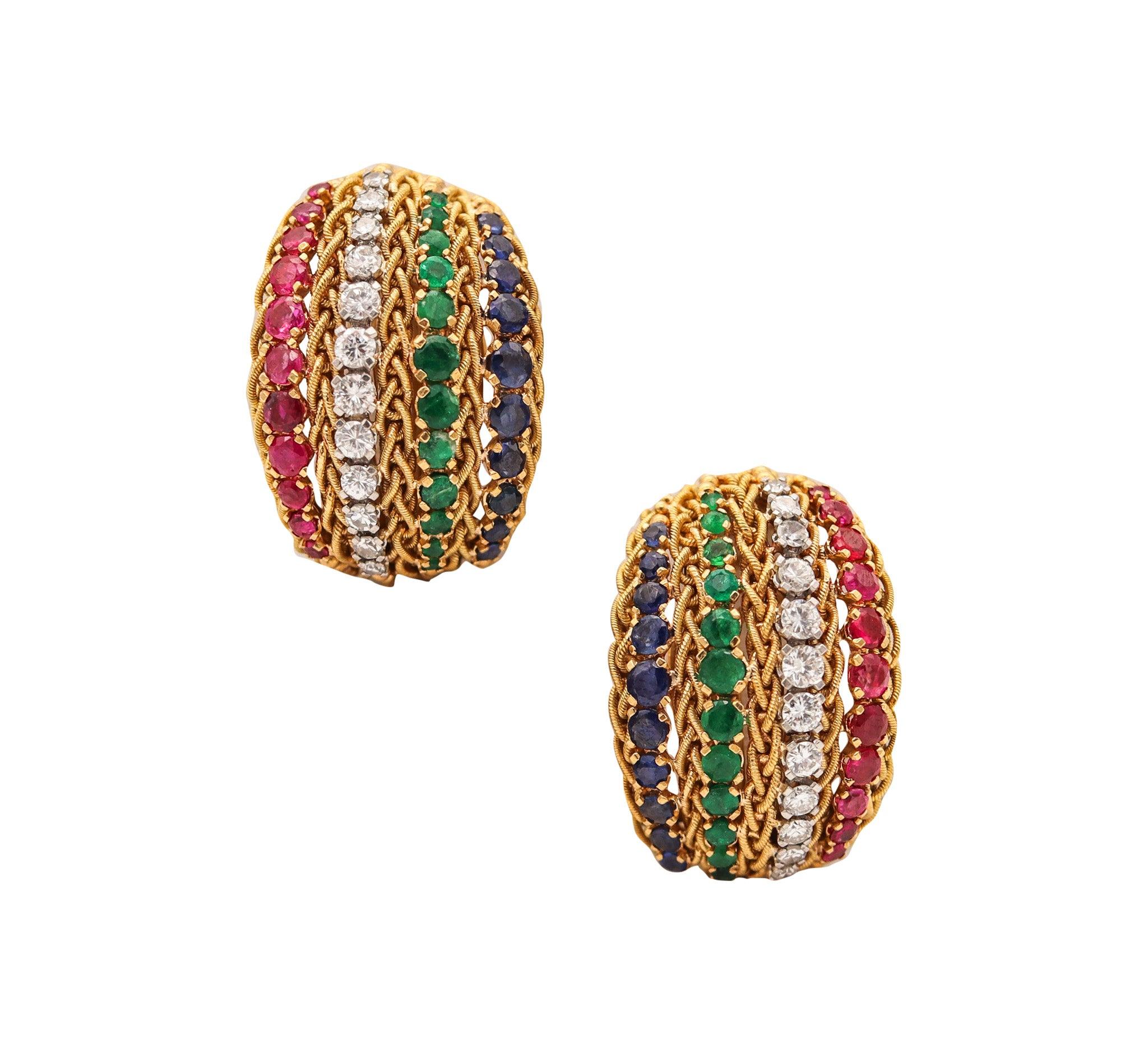 Clips d'oreilles italiens des années 1960 en or 18 carats avec diamants et pierres précieuses de 5,86 carats Pour femmes en vente